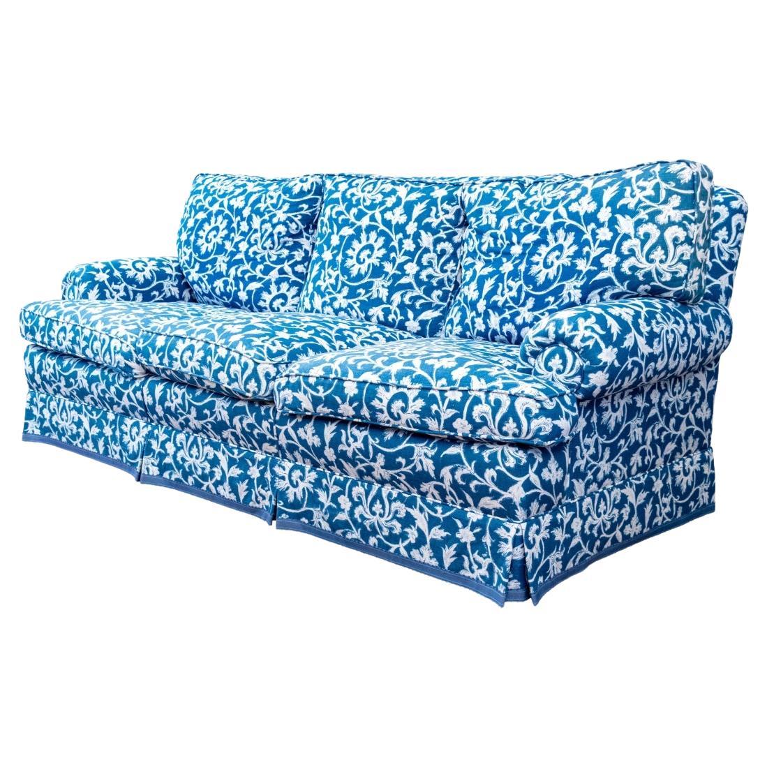 Jack Fhillips Custom Upholstered Blue And White Three Seat Sofa For Sale
