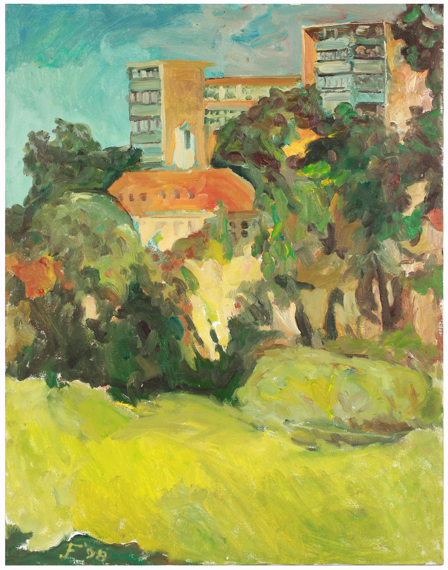 Jack Freeman Landscape Painting - "Clement St. Park", April 1998 Expressionist Cityscape/Landscape in Oil