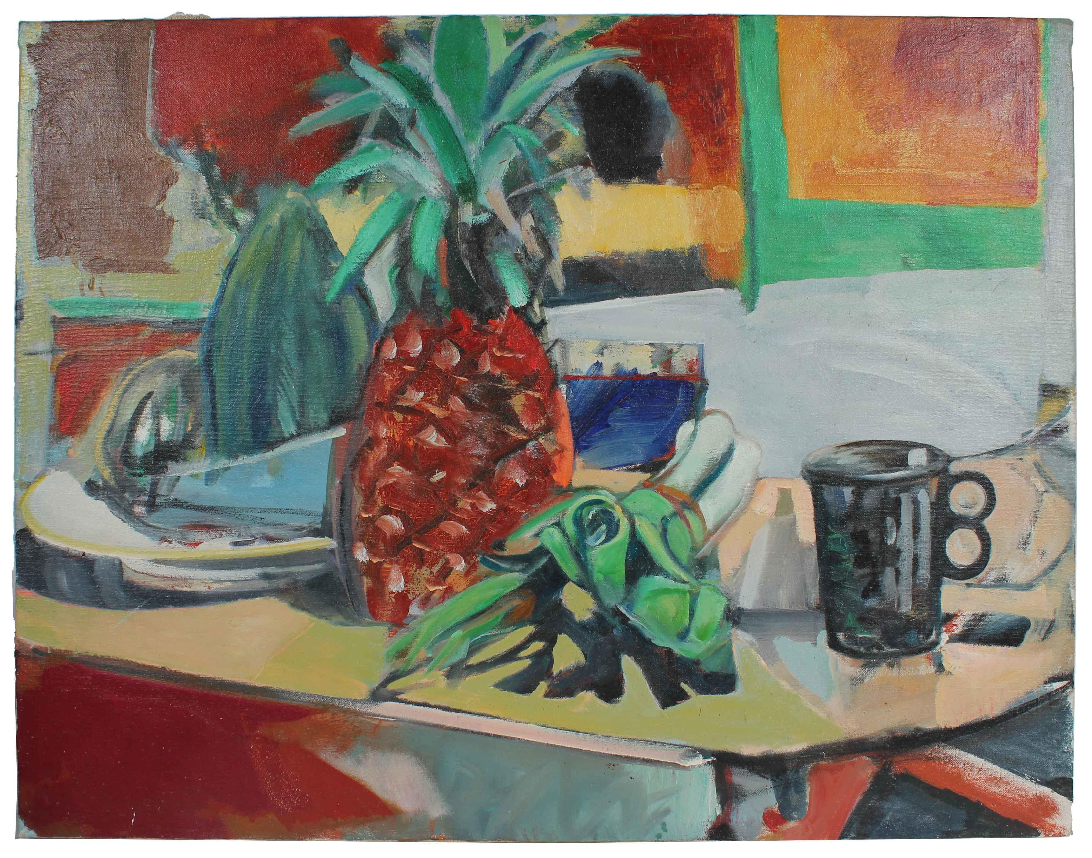 Colorful "Still Life with Pineapples" Oil on Canvas, 1975