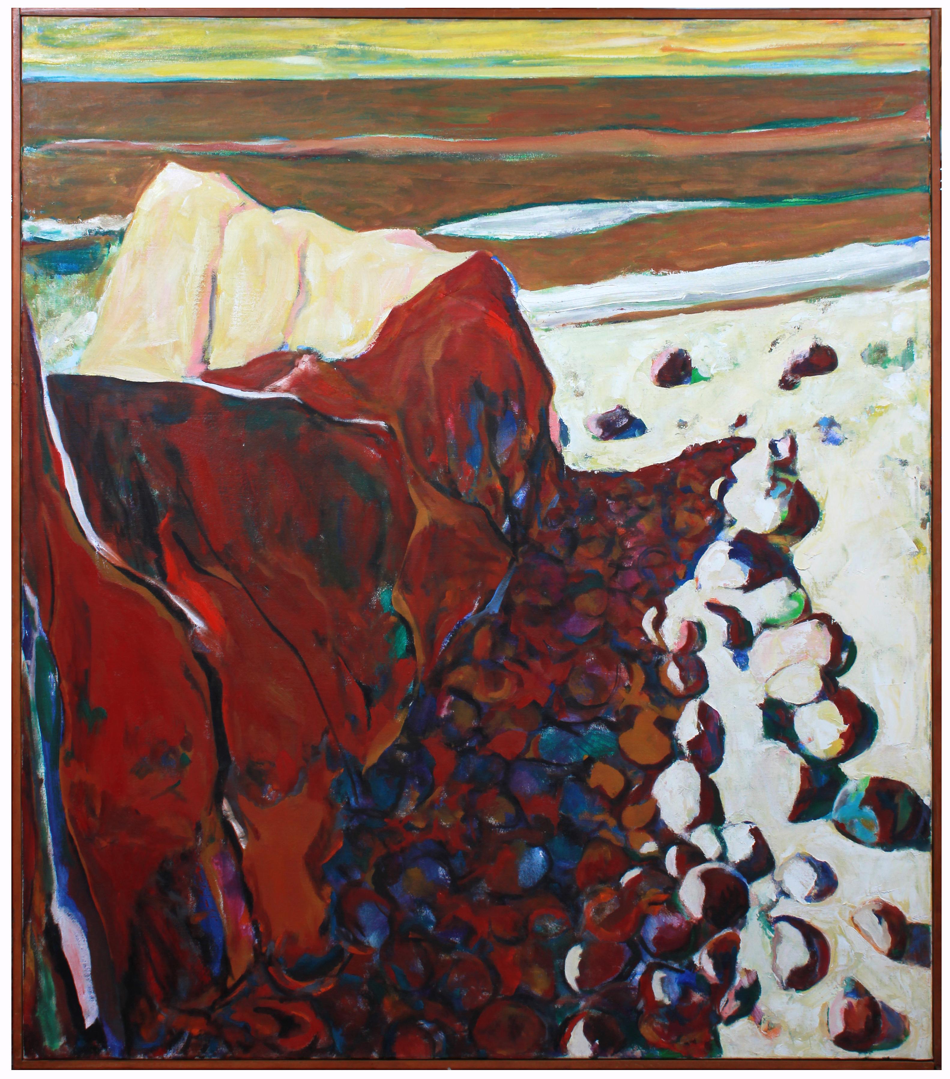 Jack Freeman Landscape Painting - "Rockaway Beach Point", Abstracted Coastal Painting in Oil with Maroon, 1976