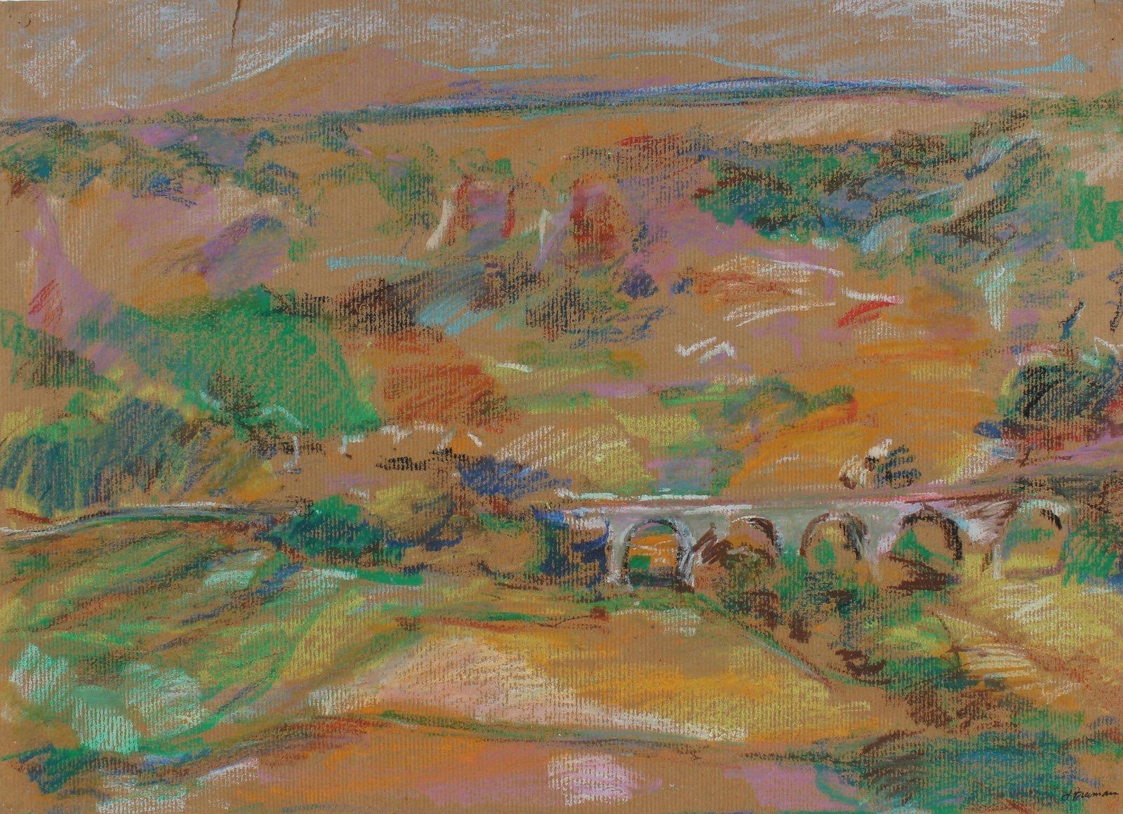 Jack Freeman Landscape Painting - Warm Rolling Fields 20th Century Pastel