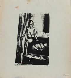 Nude Model Posing 1970s Lithograph