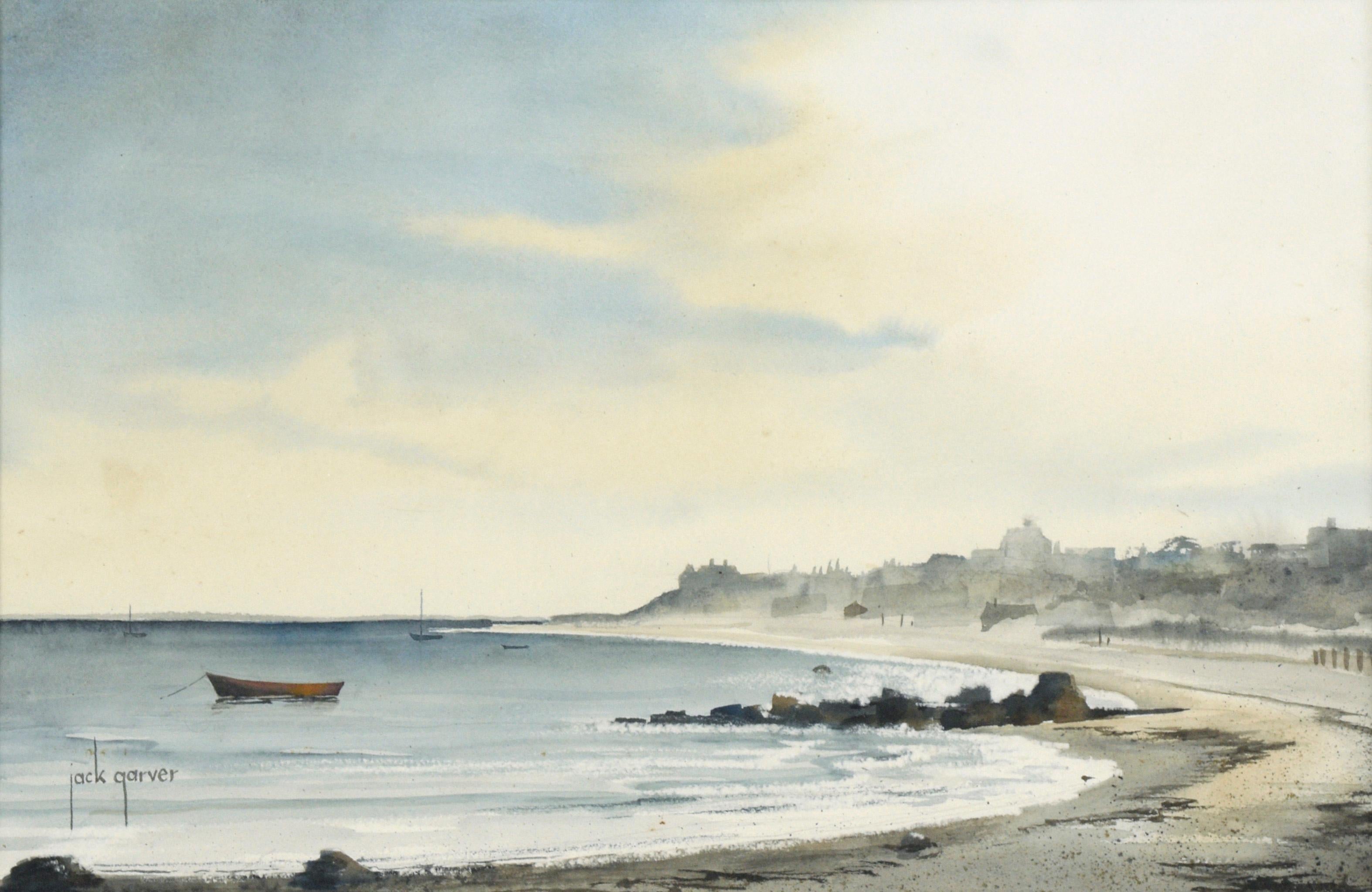 Boats Along the Shore - Coastal Seascape in Watercolor on Paper - Painting by Jack Garver