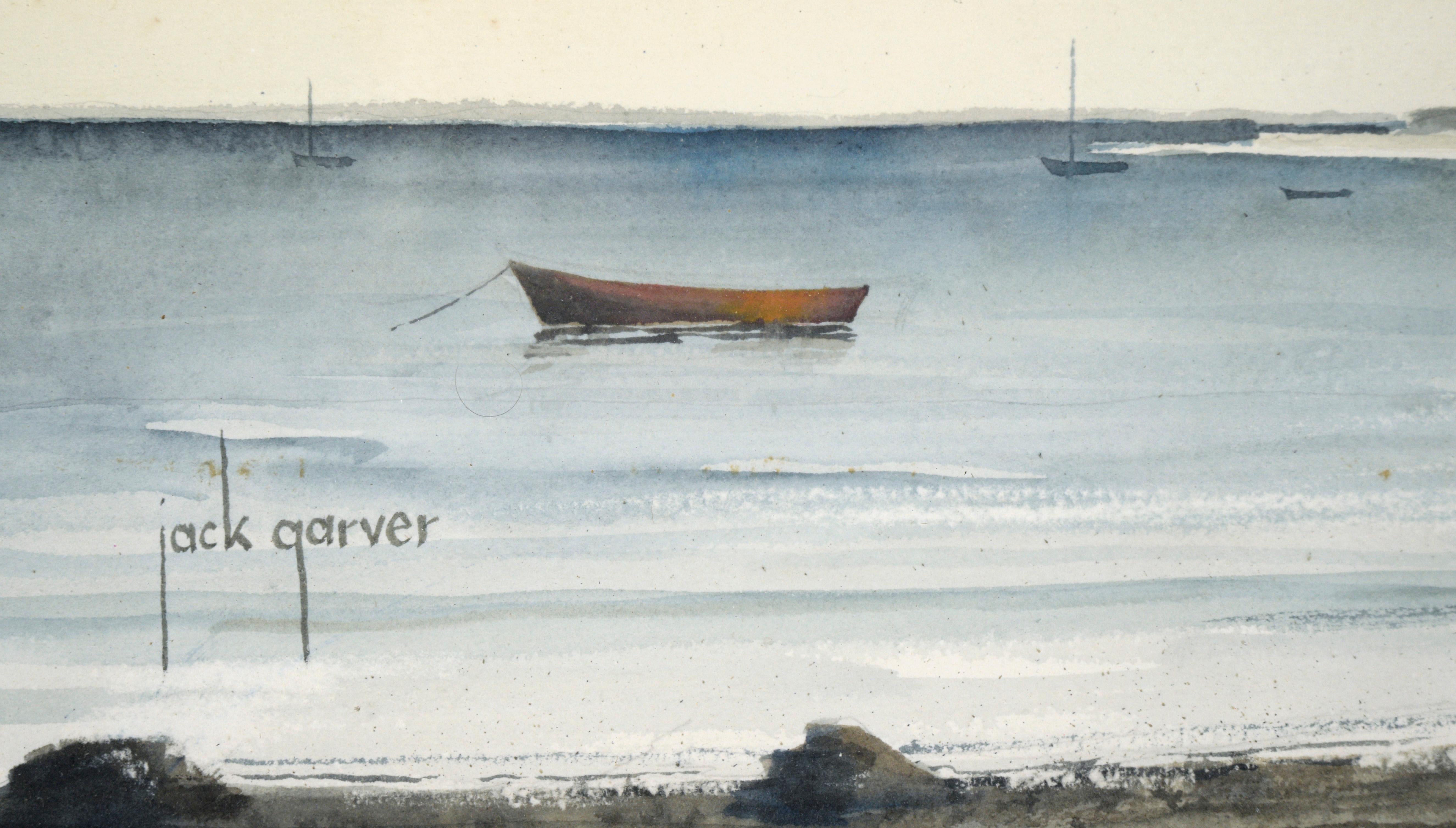 Boats Along the Shore - Coastal Seascape in Watercolor on Paper - American Impressionist Painting by Jack Garver