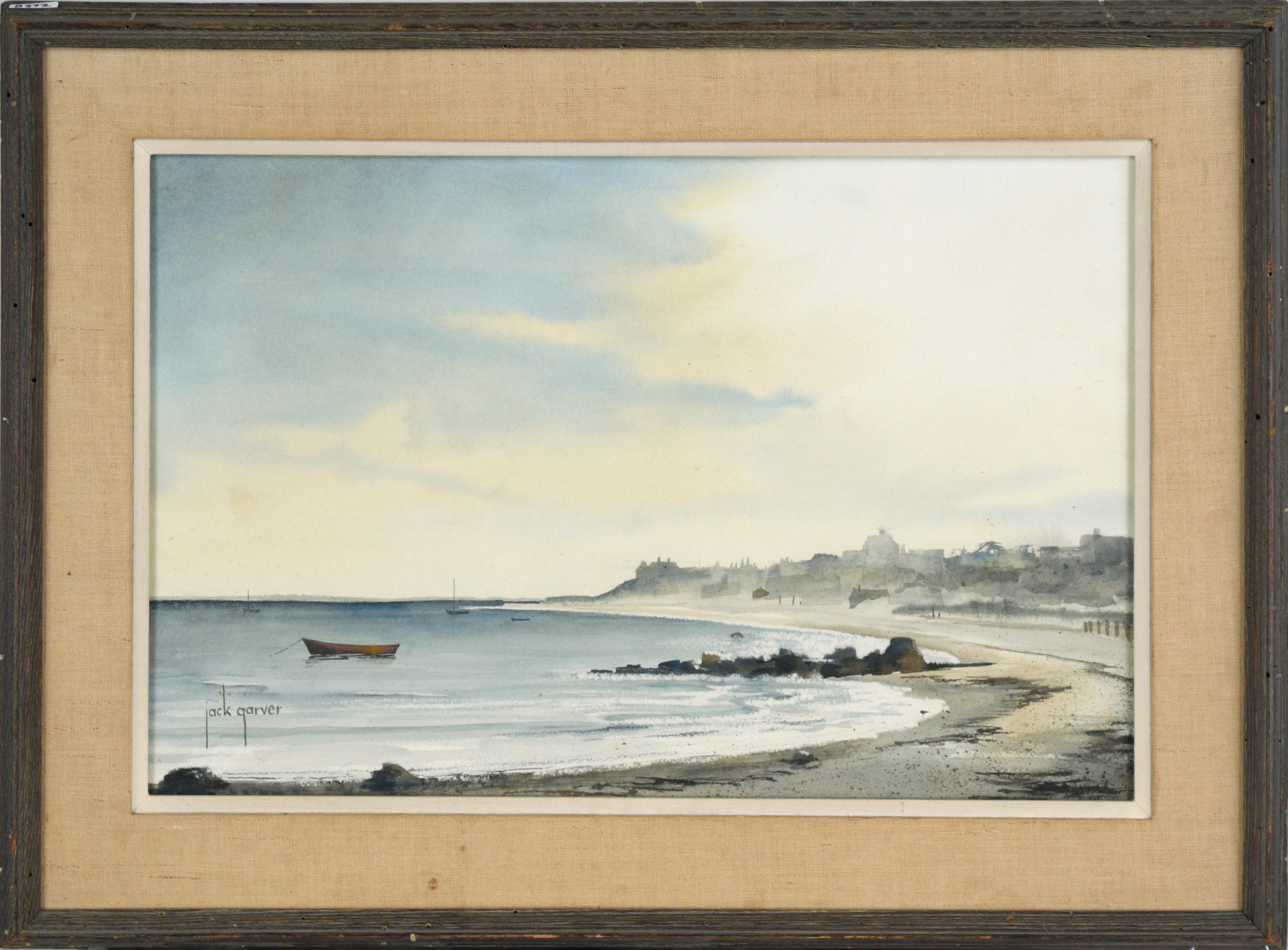 Jack Garver Landscape Painting - Boats Along the Shore - Coastal Seascape in Watercolor on Paper