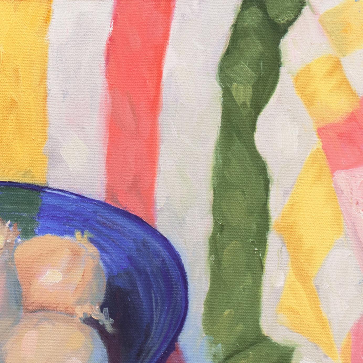 Signed lower right, 'Goetz' for Jack Goetz (American, born 1919) and painted circa 1995. Additionally signed, verso, and titled, 'Onions!' 

A bright and breezy study of white onions in a blue glass bowl contrasted against a Regency-striped material