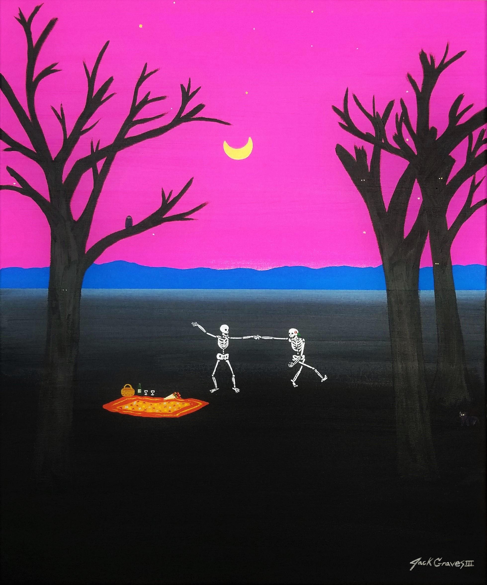 Jack Graves III Landscape Painting - Anniversary /// Spooky Halloween Contemporary Skeleton Romantic Landscape Picnic