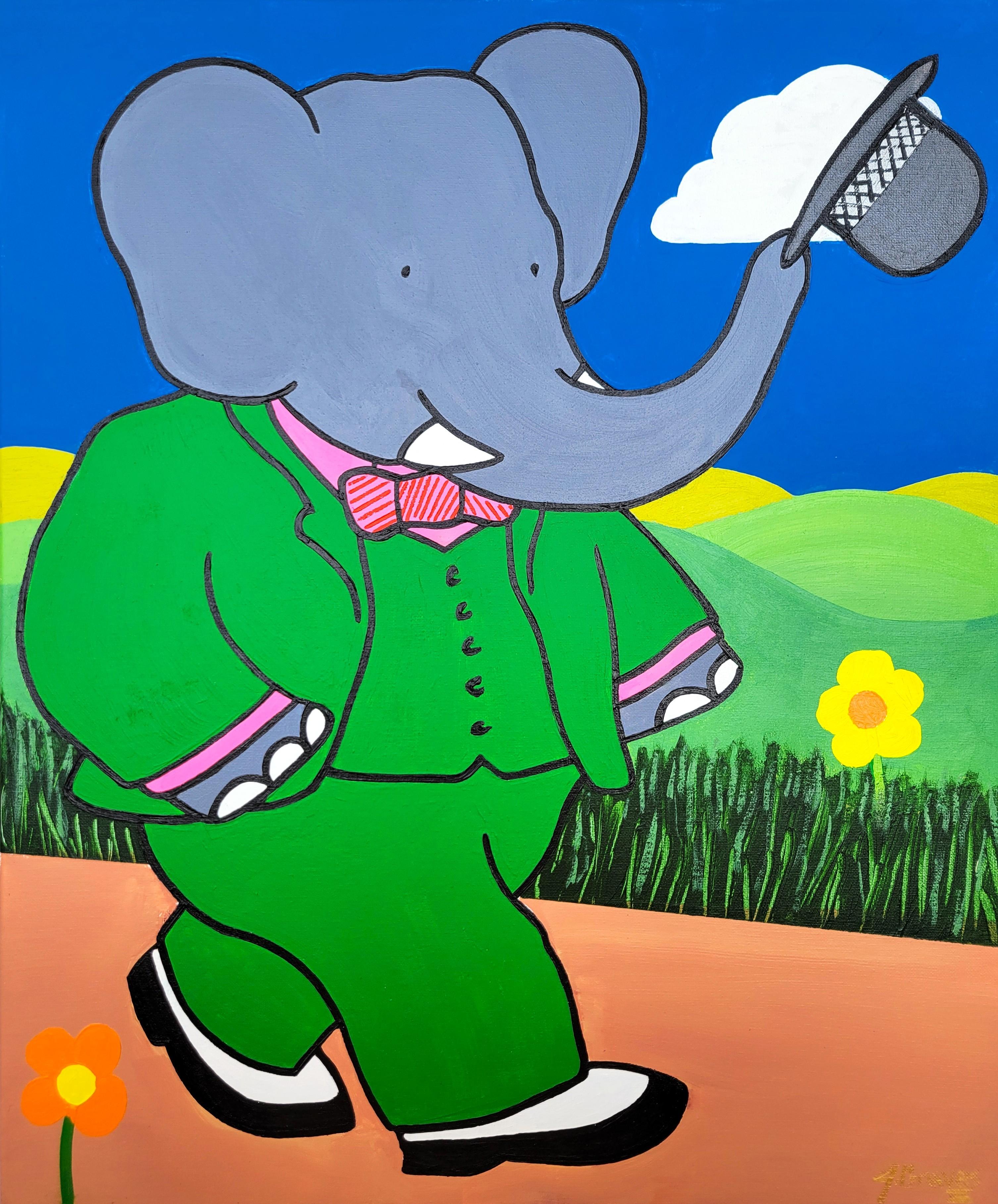 Balade quotidienne de Babar /// Jack Graves Contemporary Cartoon Elephant Landscape Art