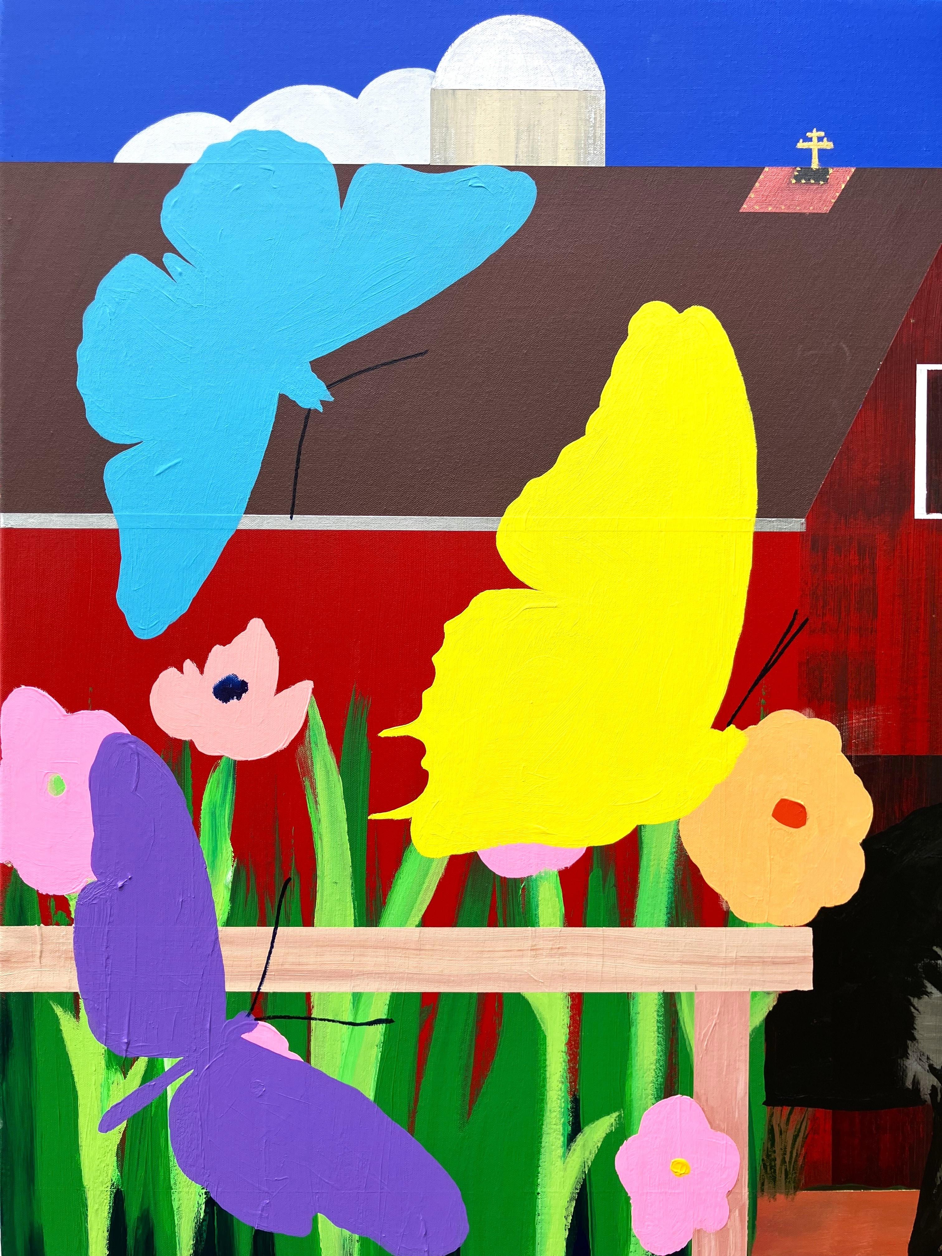 Barnyard Friends /// Jack Graves Farm Barn Landscape Horse Cat Butterflies Paint - Painting by Jack Graves III
