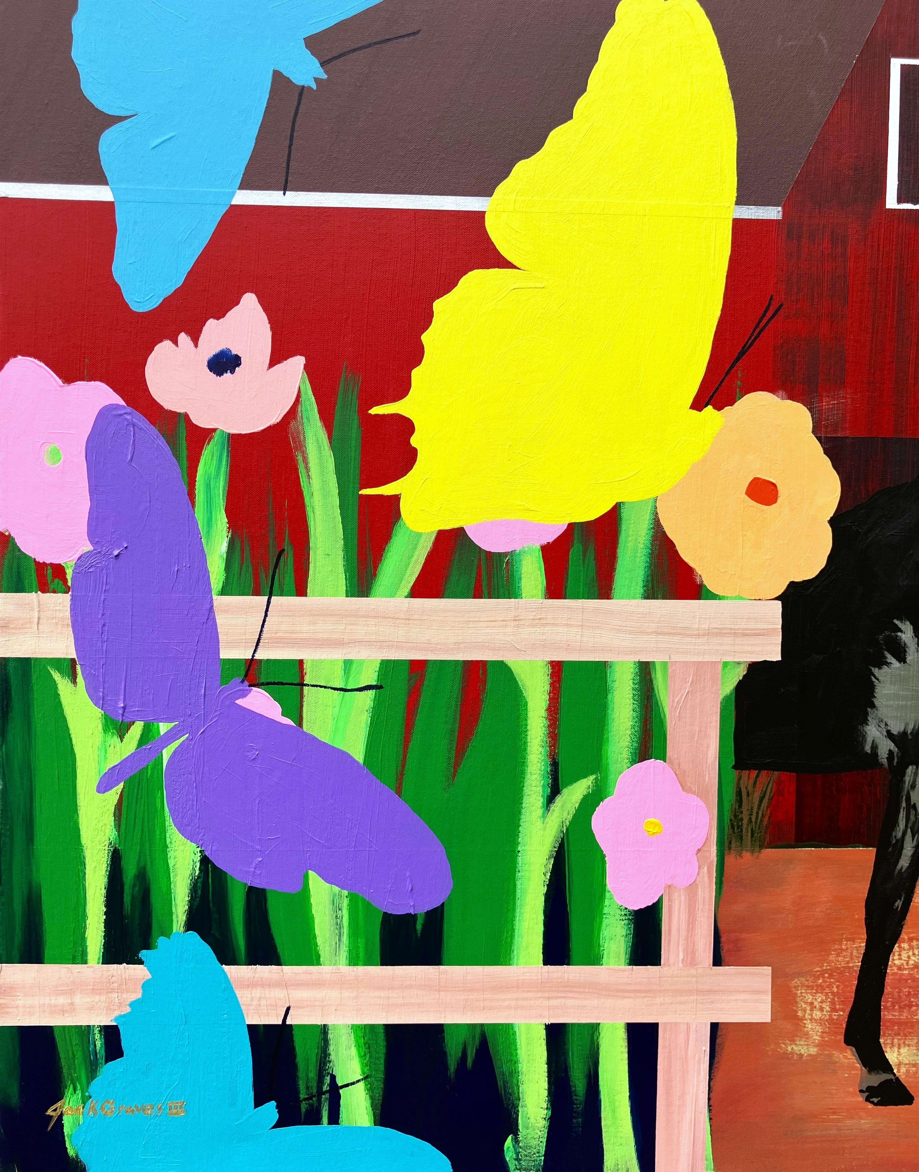 Barnyard Friends /// Jack Graves Farm Barn Landscape Horse Cat Butterflies Paint - Contemporary Painting by Jack Graves III