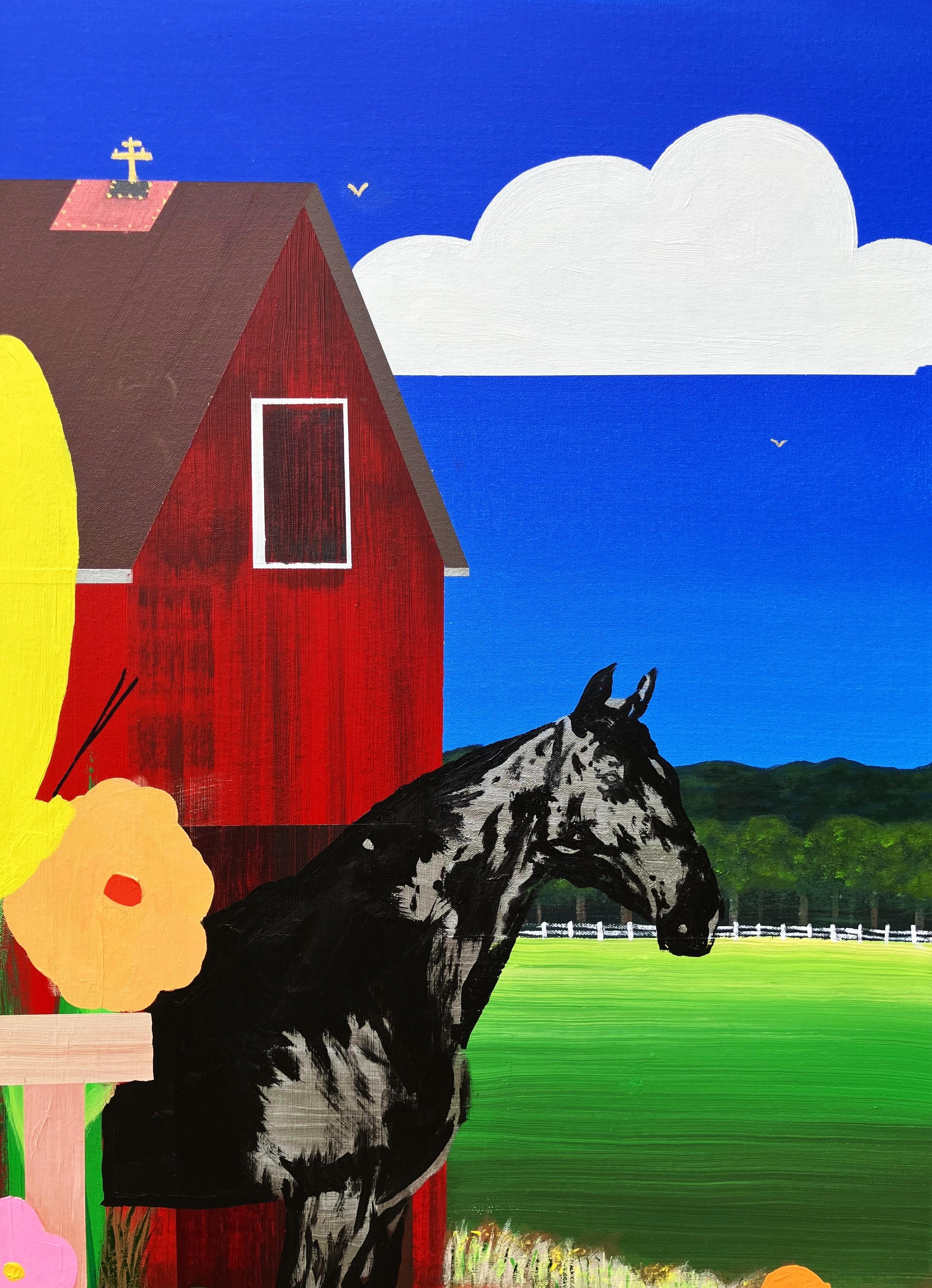 Barnyard Friends /// Jack Graves Farm Barn Landscape Horse Cat Butterflies Paint - Blue Animal Painting by Jack Graves III