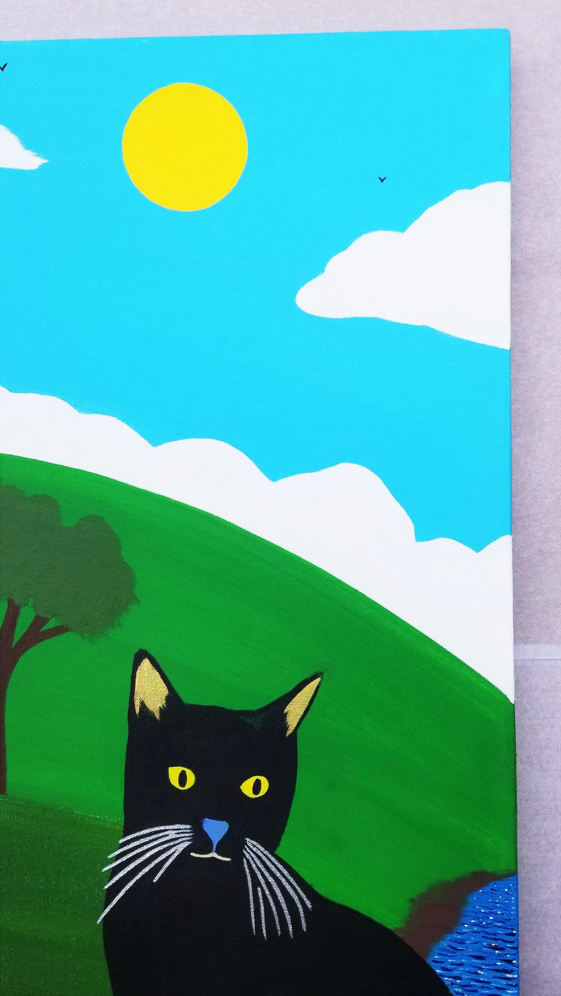 Black Cat in Wonder /// Contemporary Landscape Countryside Cat Deer Painting For Sale 1