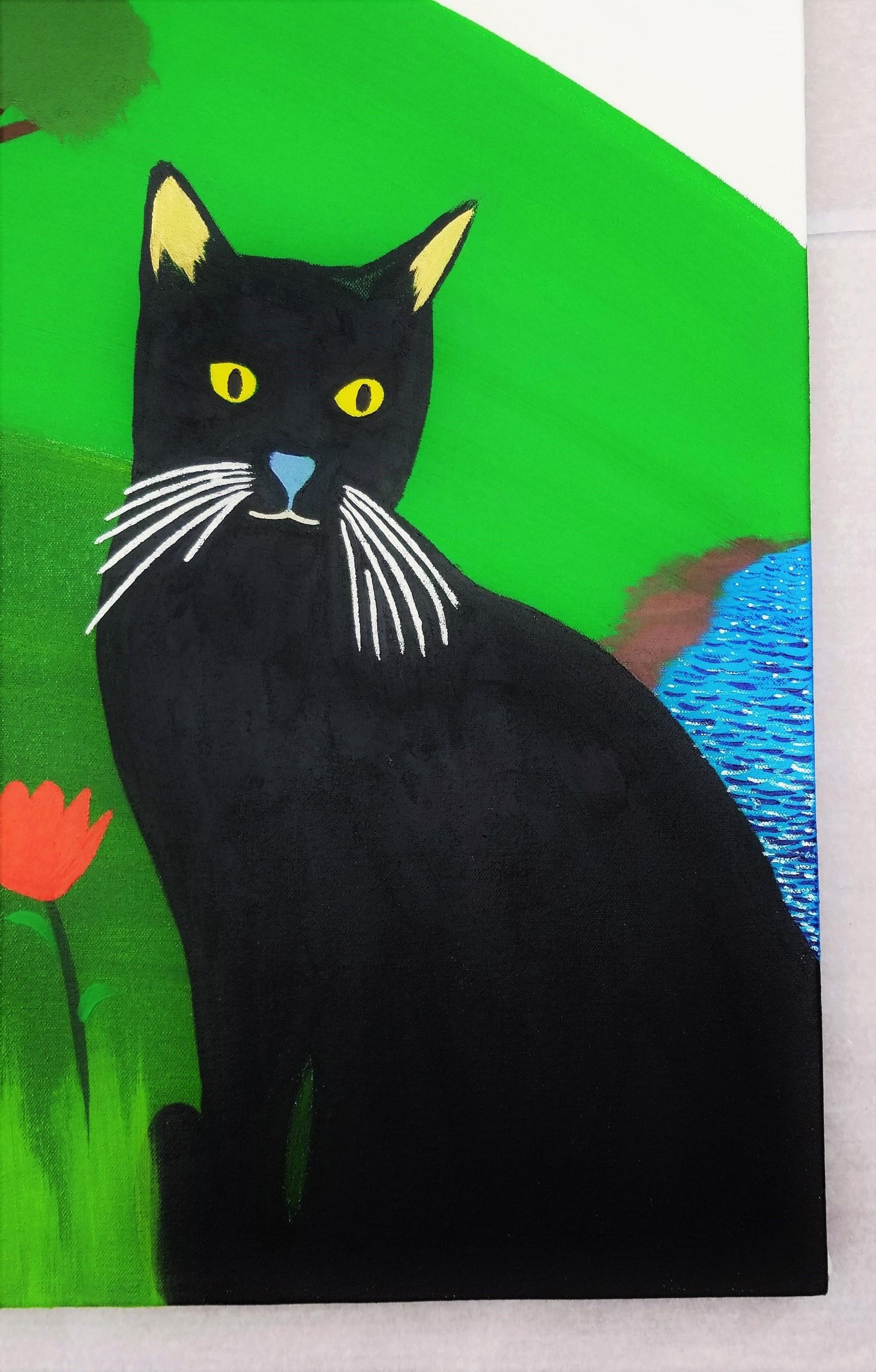 Black Cat in Wonder /// Contemporary Landscape Countryside Cat Deer Painting For Sale 2