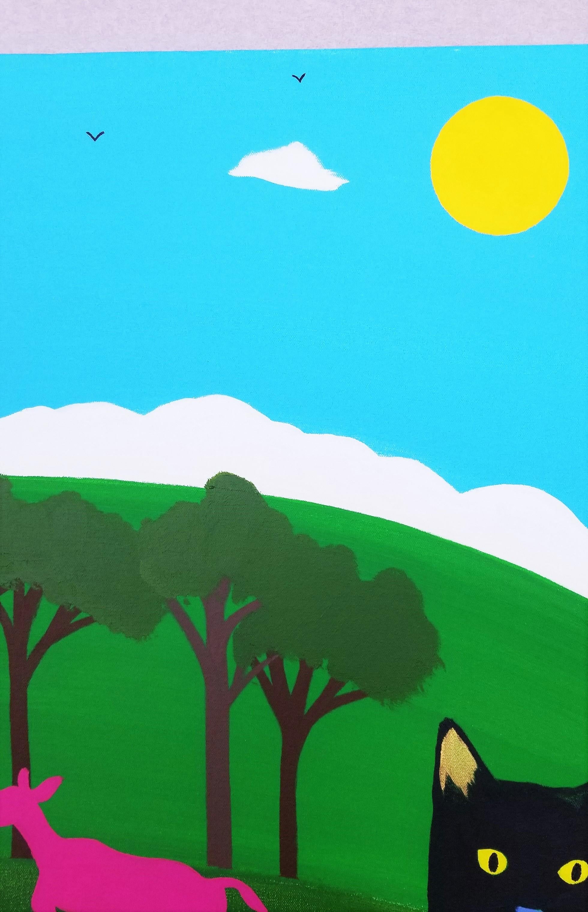 Black Cat in Wonder /// Contemporary Landscape Countryside Cat Deer Painting For Sale 3