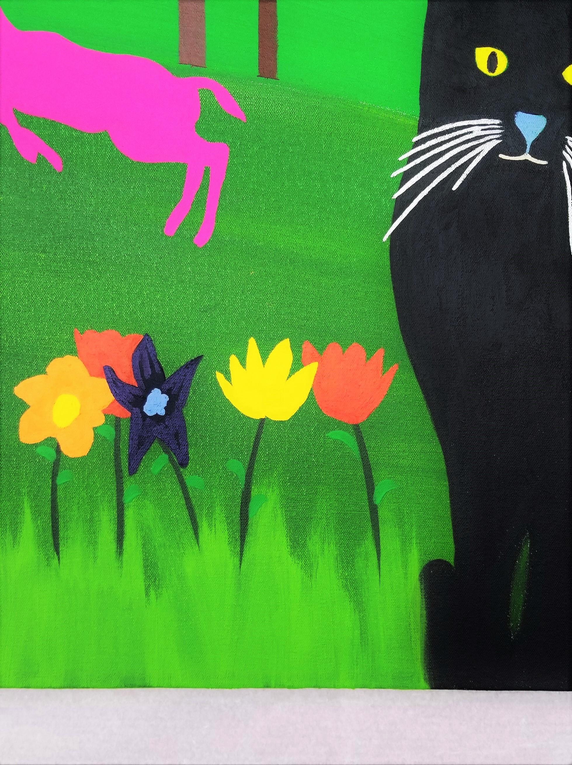 Black Cat in Wonder /// Contemporary Landscape Countryside Cat Deer Painting For Sale 4