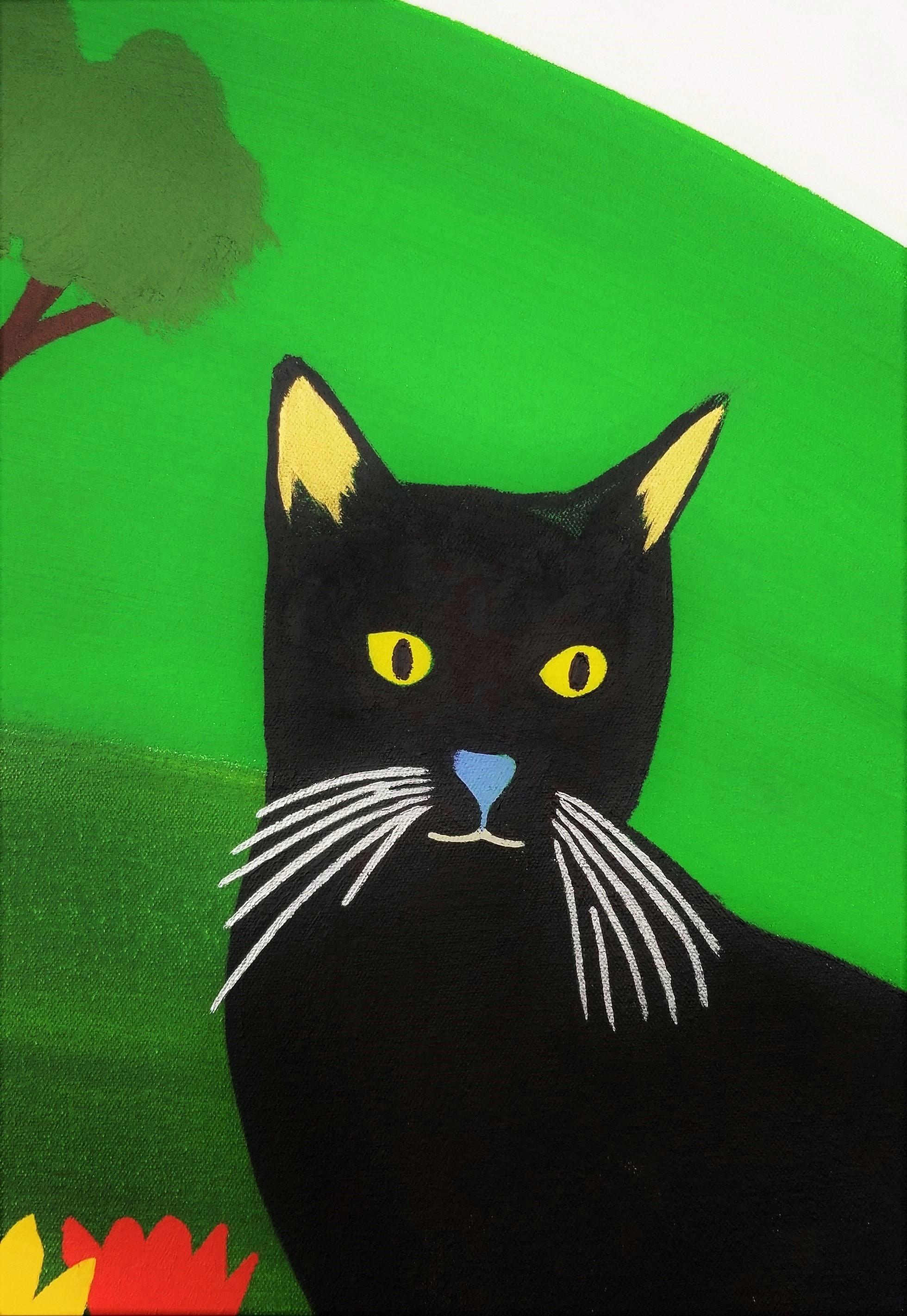Black Cat in Wonder /// Contemporary Landscape Countryside Cat Deer Painting For Sale 5
