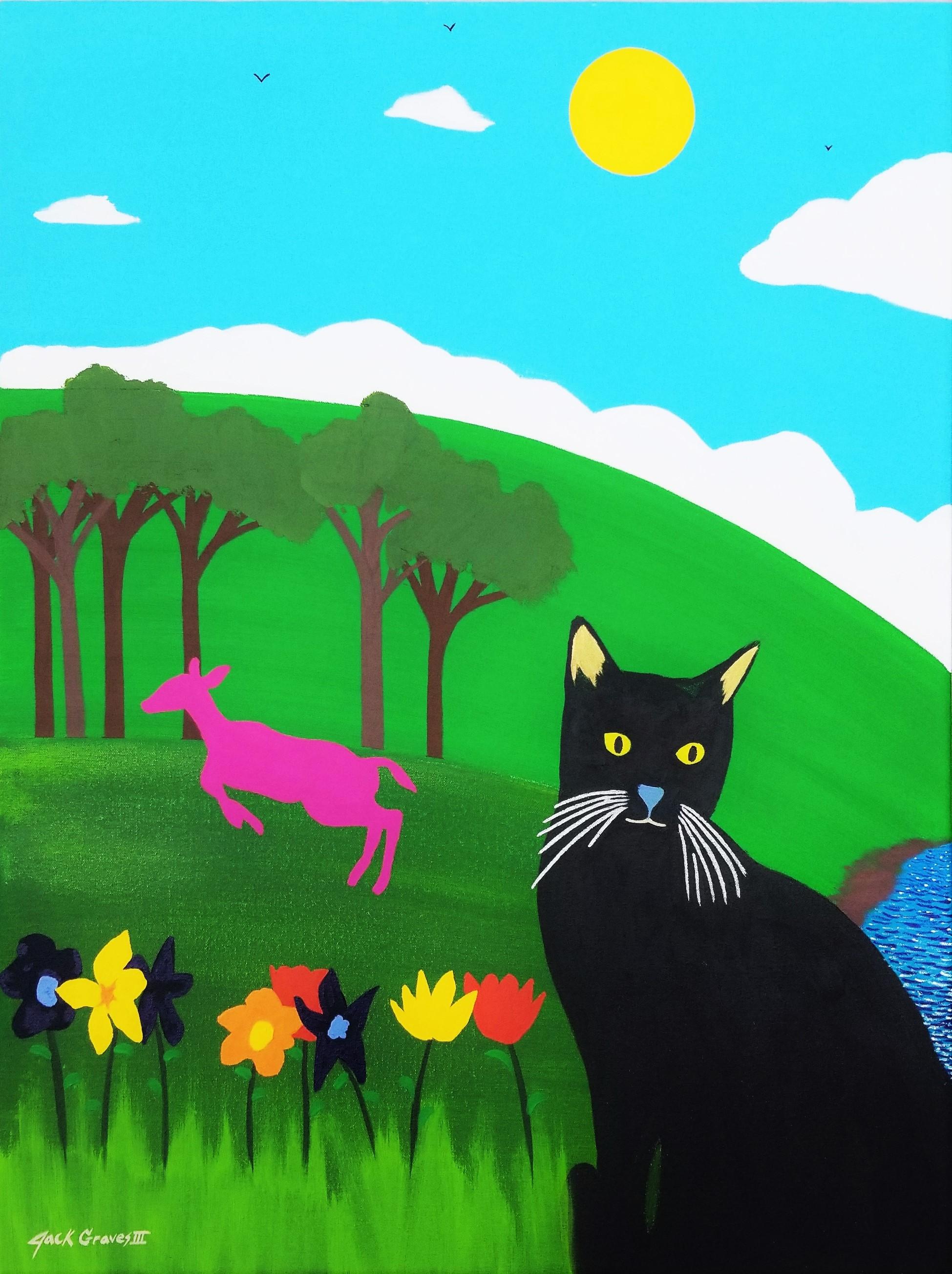 Jack Graves III Animal Painting - Black Cat in Wonder /// Contemporary Landscape Countryside Cat Deer Painting