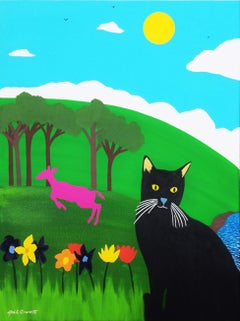 Chat noir émerveillé /// Peinture contemporaine paysage campagne chat cerf