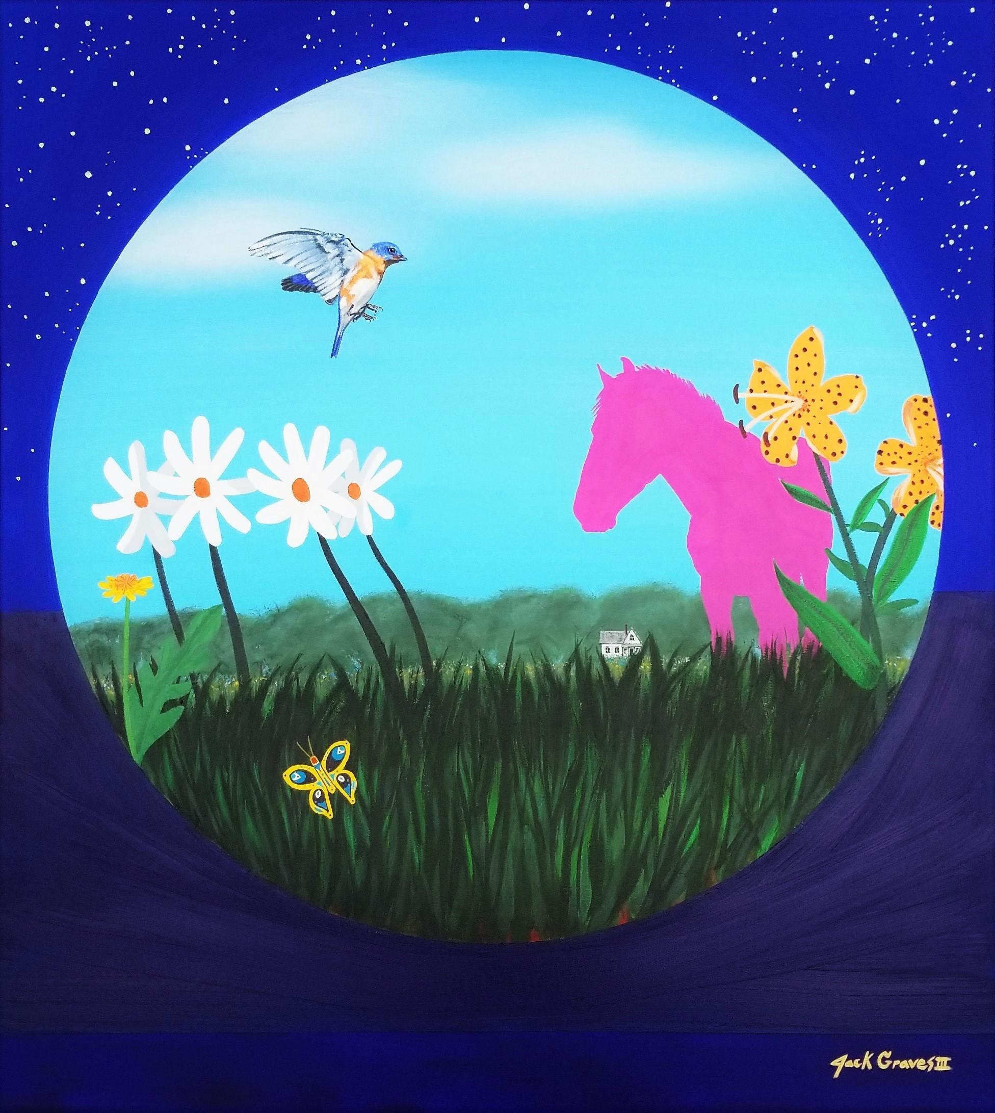Blue Ridge Blue Bird /// Virginia Countryside Landscape Painting Horse Farm Art