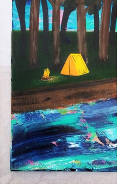 Camping with a Ghost /// Contemporary Painting Landscape River Woods Animal Sky