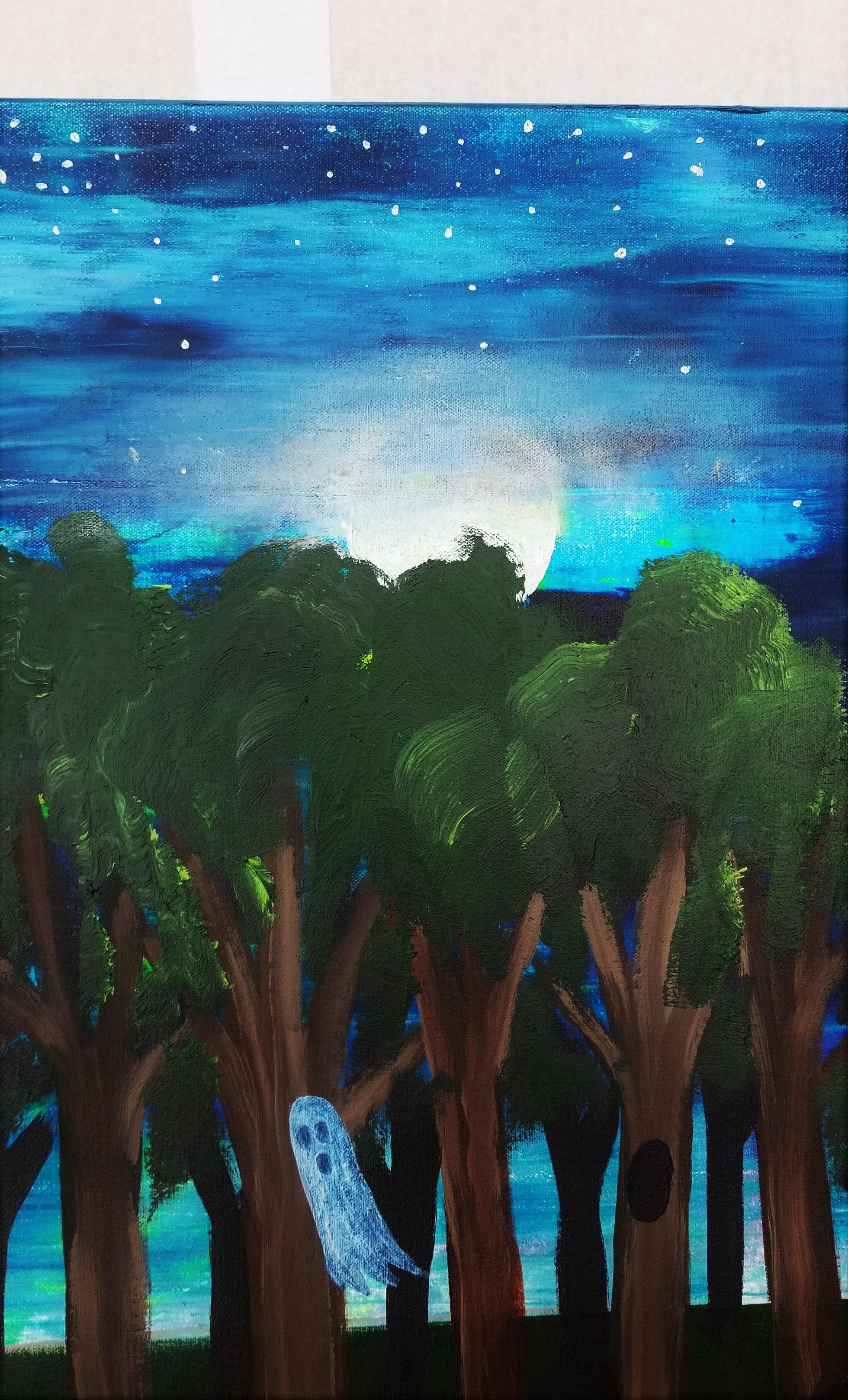 Camping with a Ghost /// Contemporary Painting Landscape River Woods Animal Sky For Sale 1