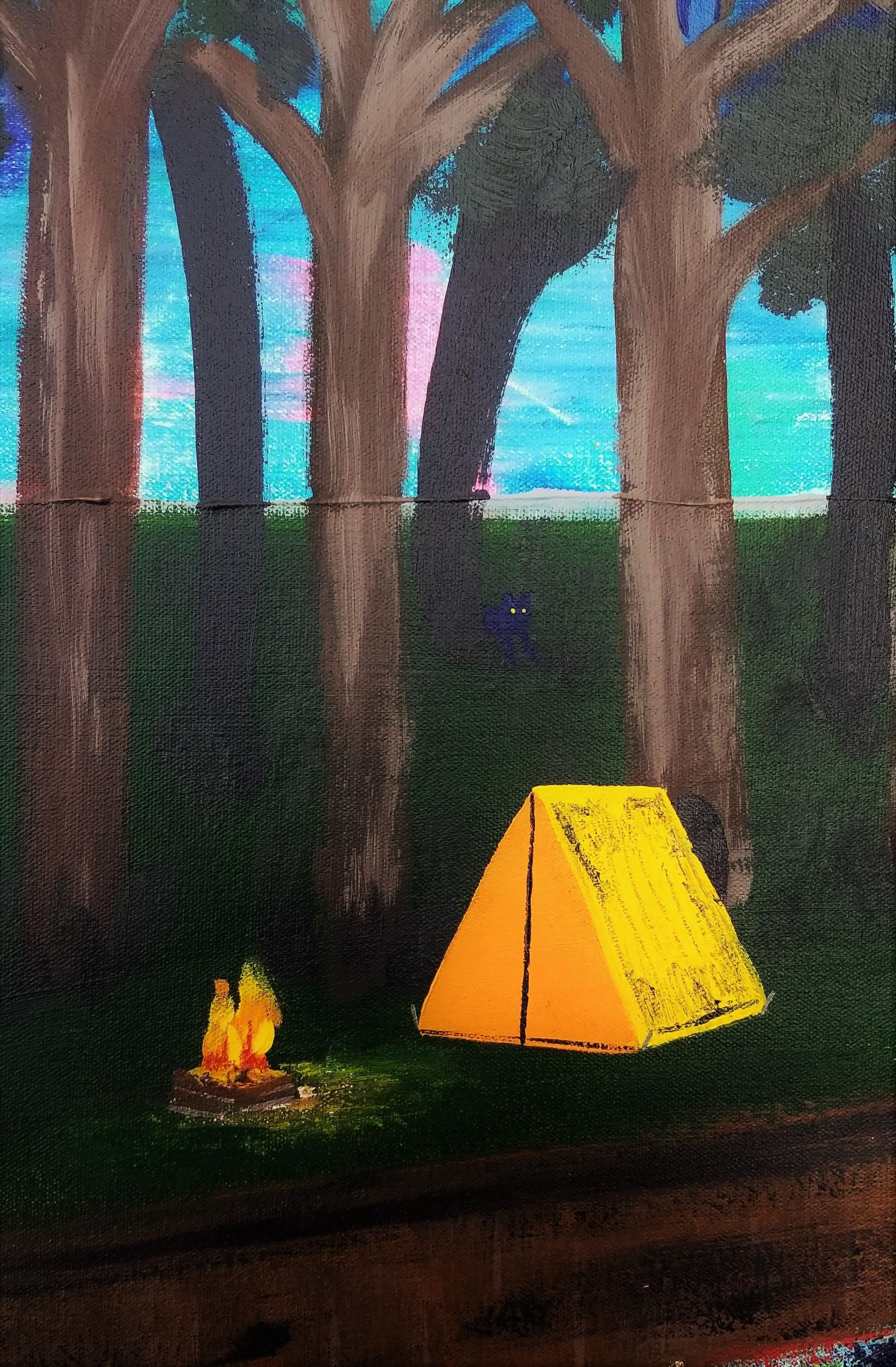 Camping with a Ghost /// Contemporary Painting Landscape River Woods Animal Sky For Sale 3