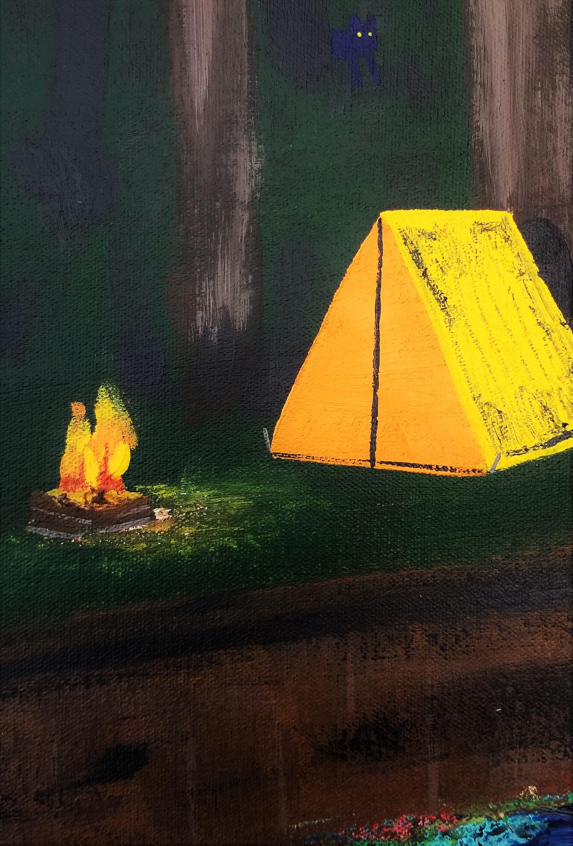 Camping with a Ghost /// Contemporary Painting Landscape River Woods Animal Sky For Sale 4