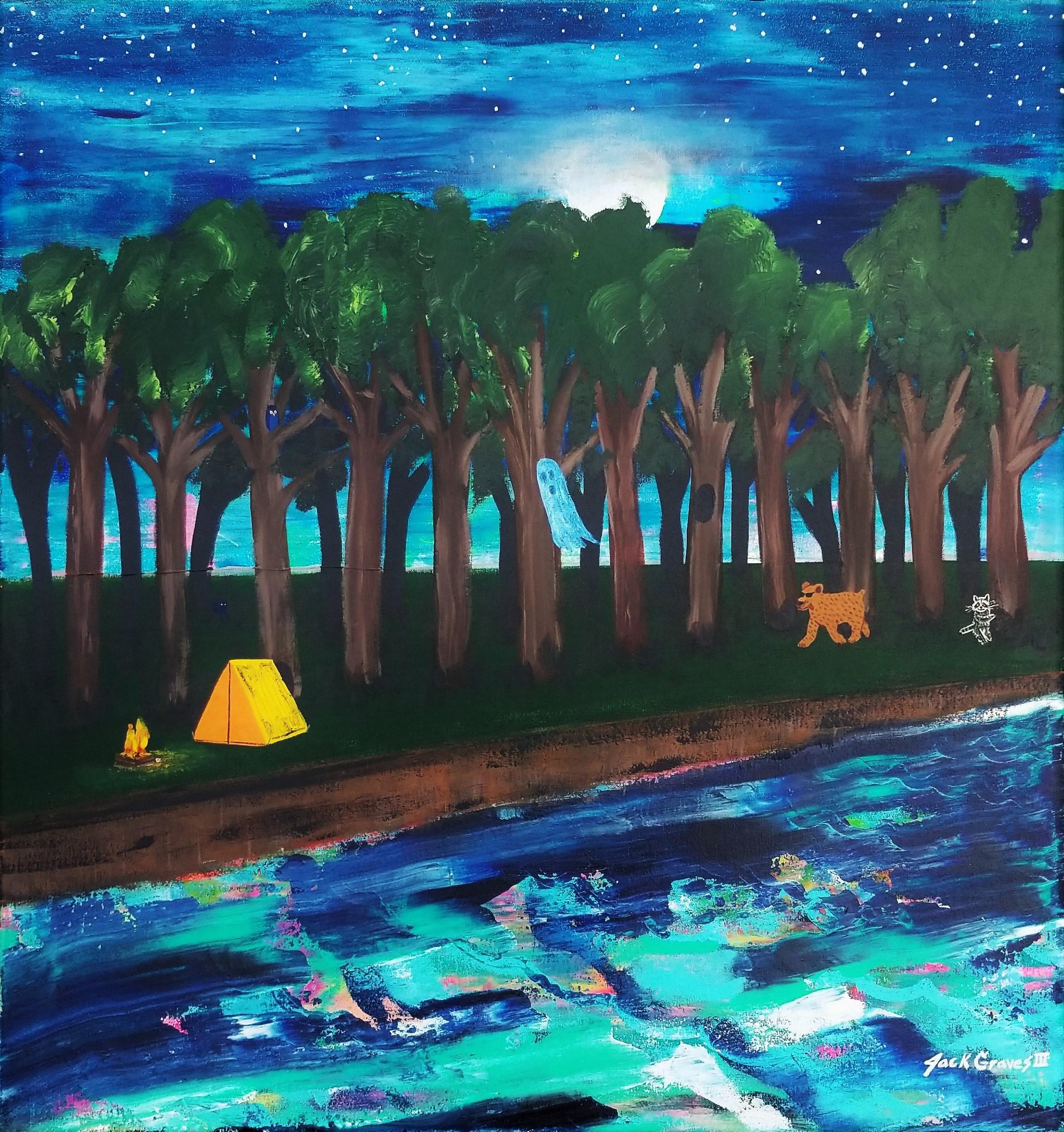 Jack Graves III Landscape Painting - Camping with a Ghost /// Contemporary Painting Landscape River Woods Animal Sky
