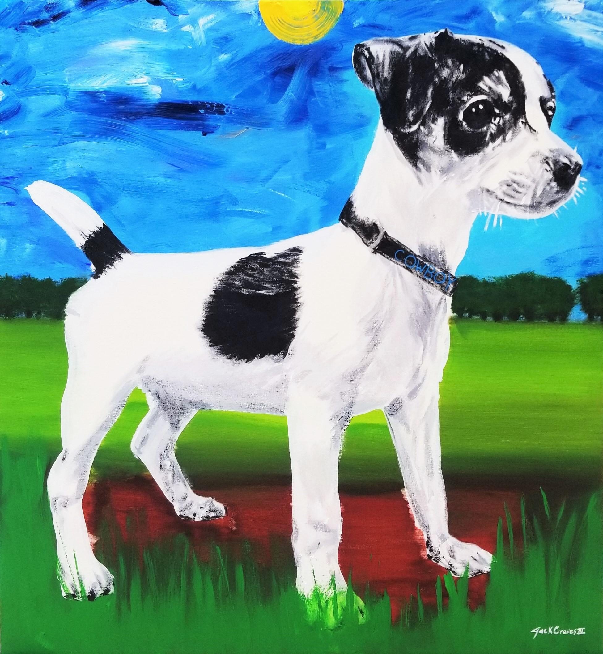 Animal Painting Jack Graves III - Cowboy /// Jack Russell Rat Terrier Chien Animal Paysage Portrait Figuratif Art