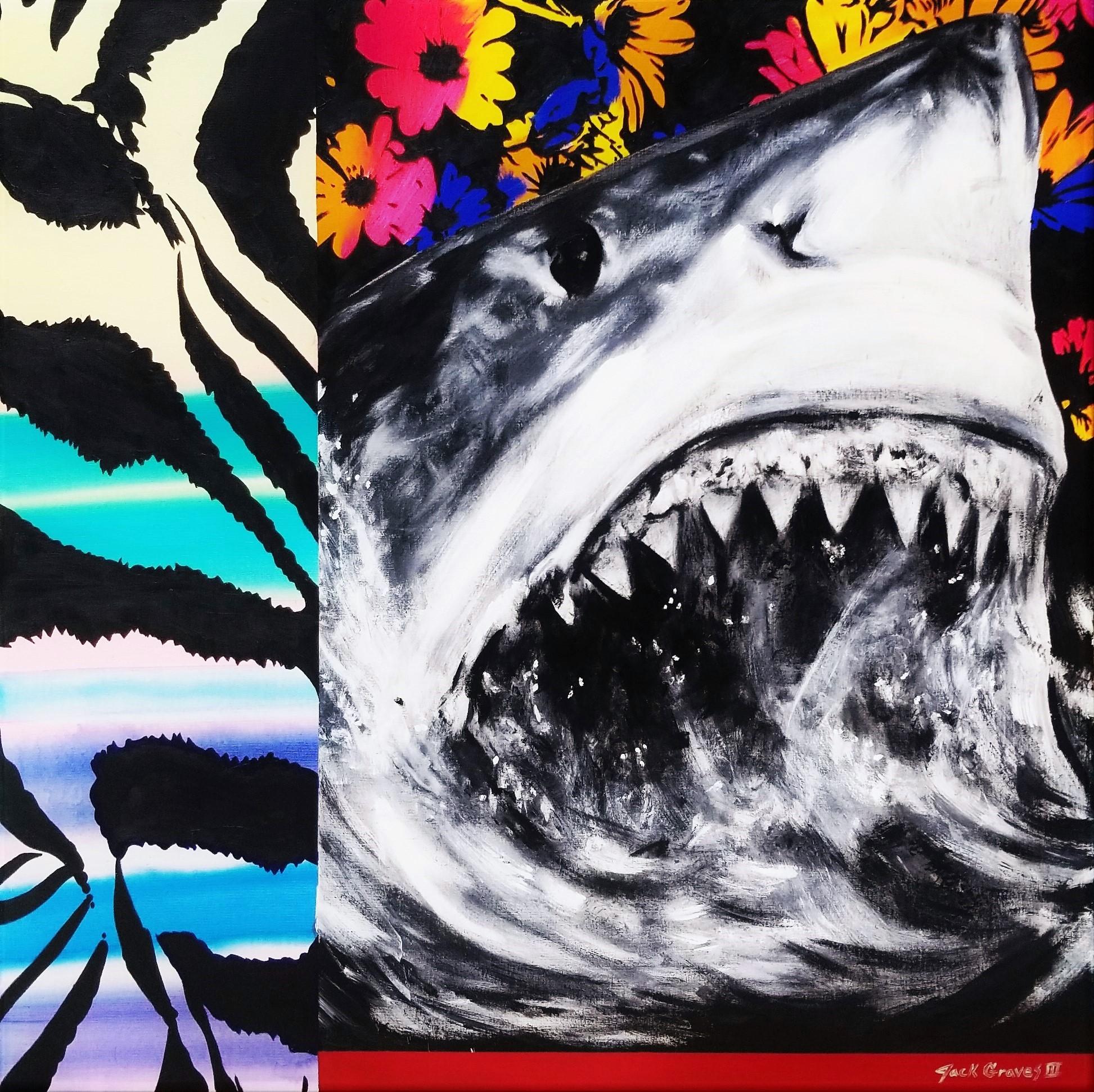 Jack Graves III Animal Painting - Dating Pool /// Contemporary Street Pop Art Shark Abstract Flowers Surrealism