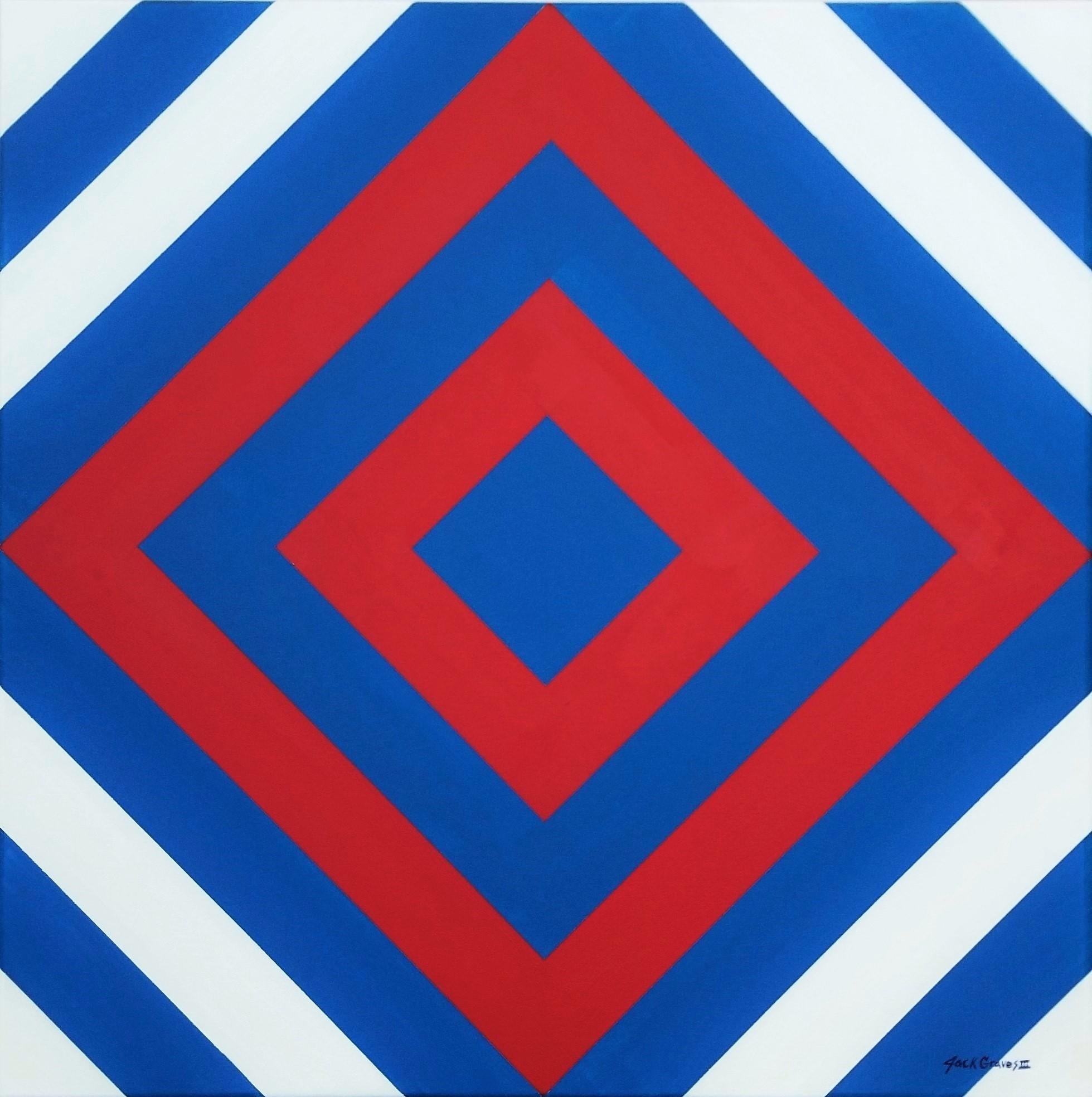 Diamond XLV /// Peinture contemporaine abstraite géométrique rayée bleu rouge blanc