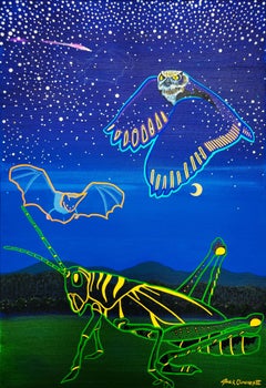 Cena al anochecer /// Jack Graves Surrealista Búho Murciélago Grillo Paisaje Pintura Estrellas