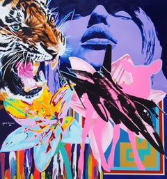Dream Supreme /// Zeitgenössische Street Pop Art Malerei Tiger Flower Fashion Girl