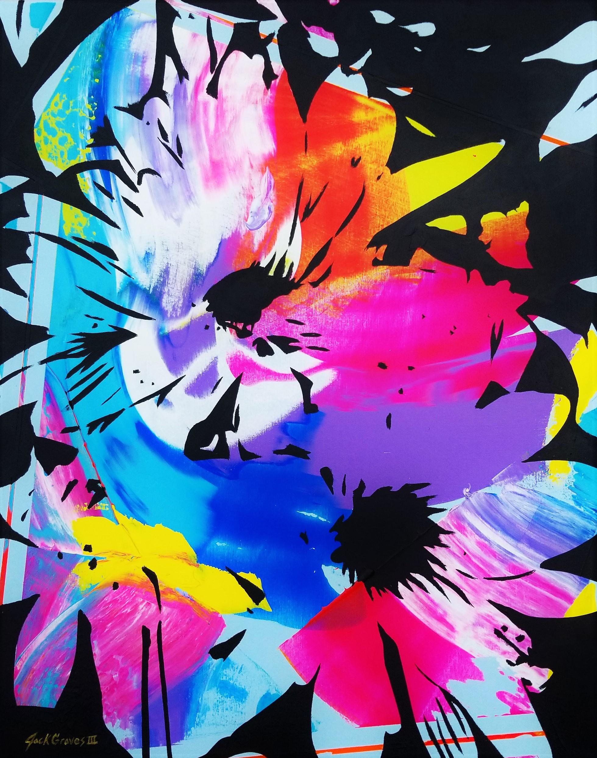 Abstract Painting Jack Graves III - Flower VII /// Contemporary Street Pop Art - Peinture florale botanique colorée noire