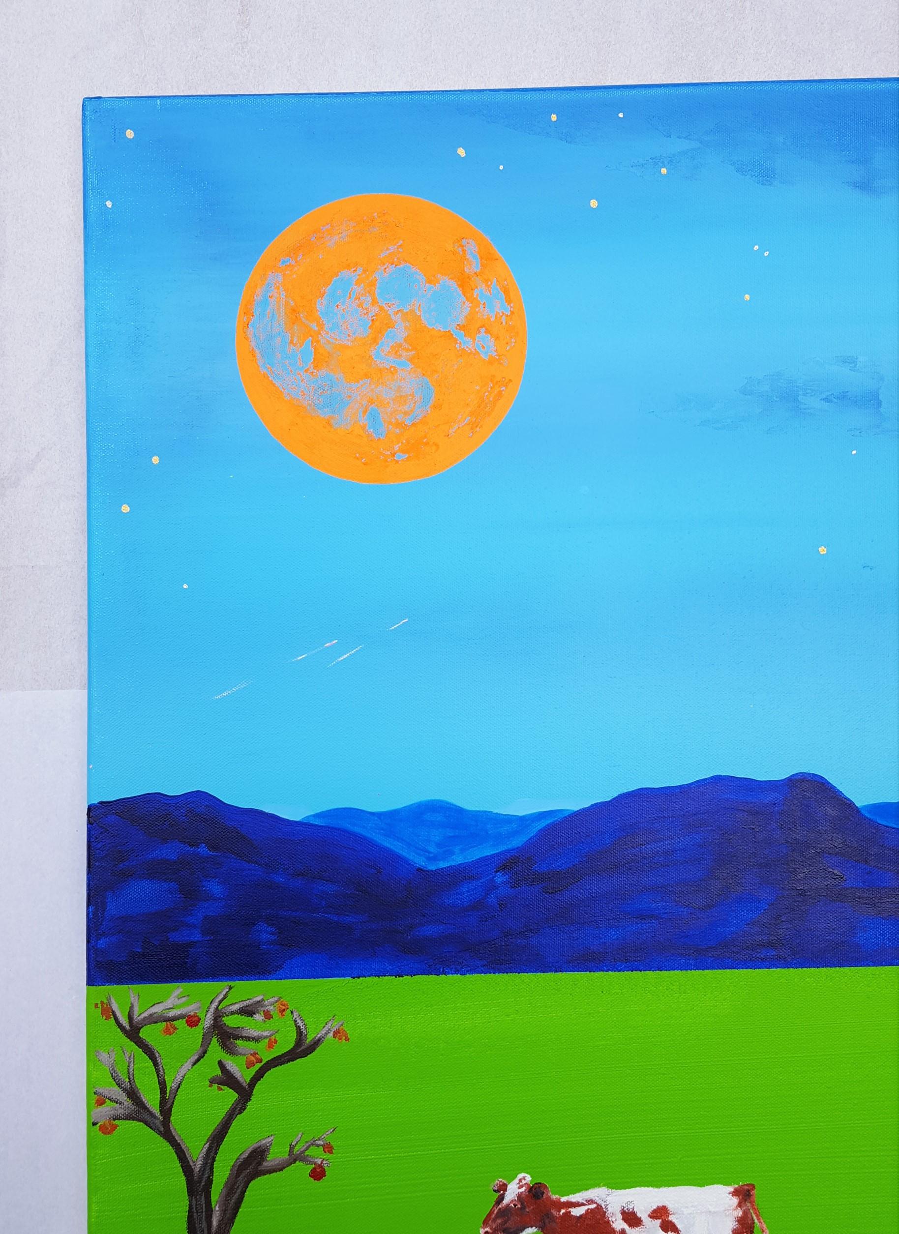 Luna Llena - Jack-o-Lantern /// Paisaje Contemporáneo Granja Granero Niña Montañas - Landscape Painting Verde de Jack Graves III