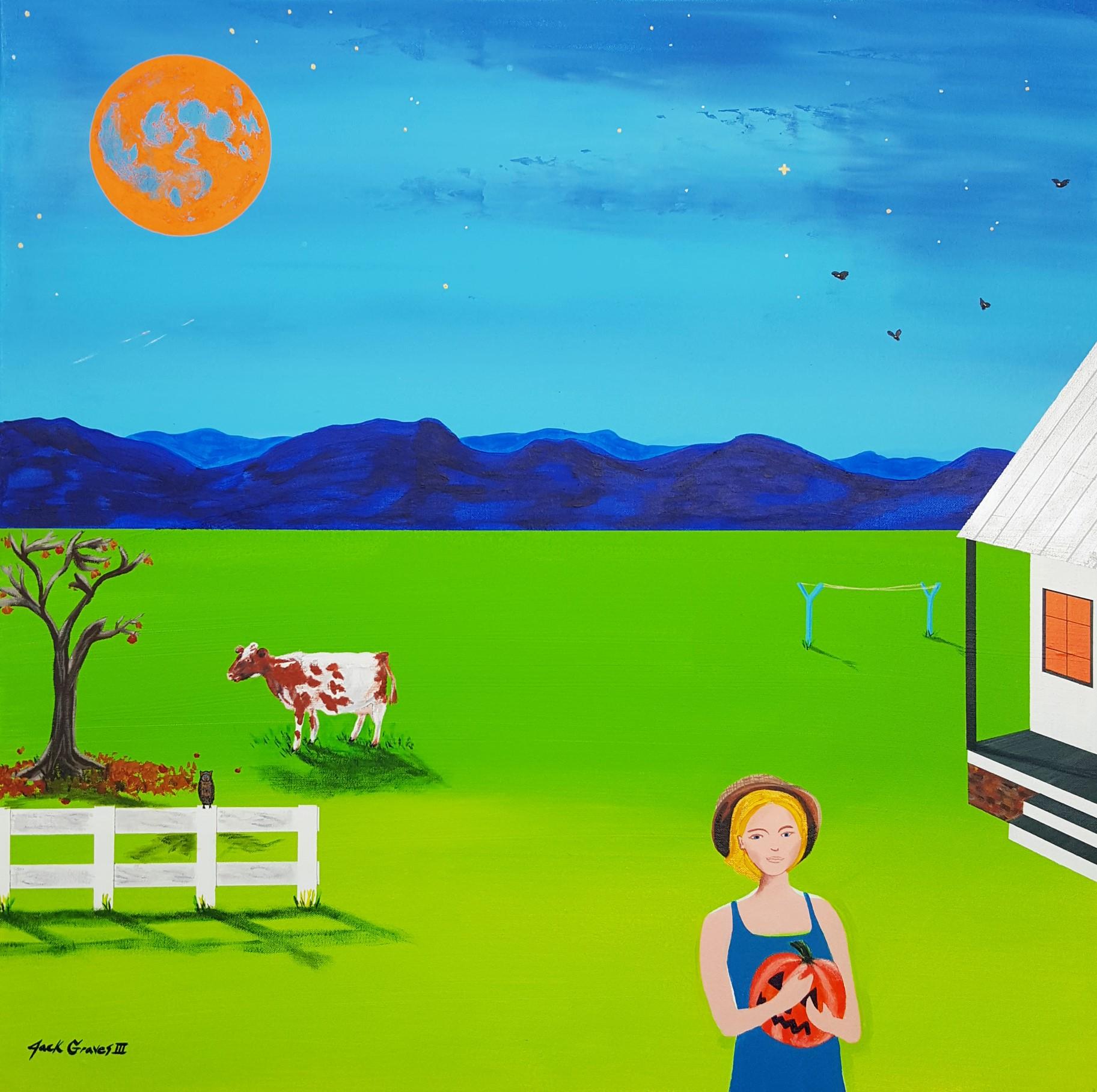 Jack Graves III Landscape Painting - Full moon - Jack-o-Lantern /// Contemporary Landscape Farm Barn Girl Mountains