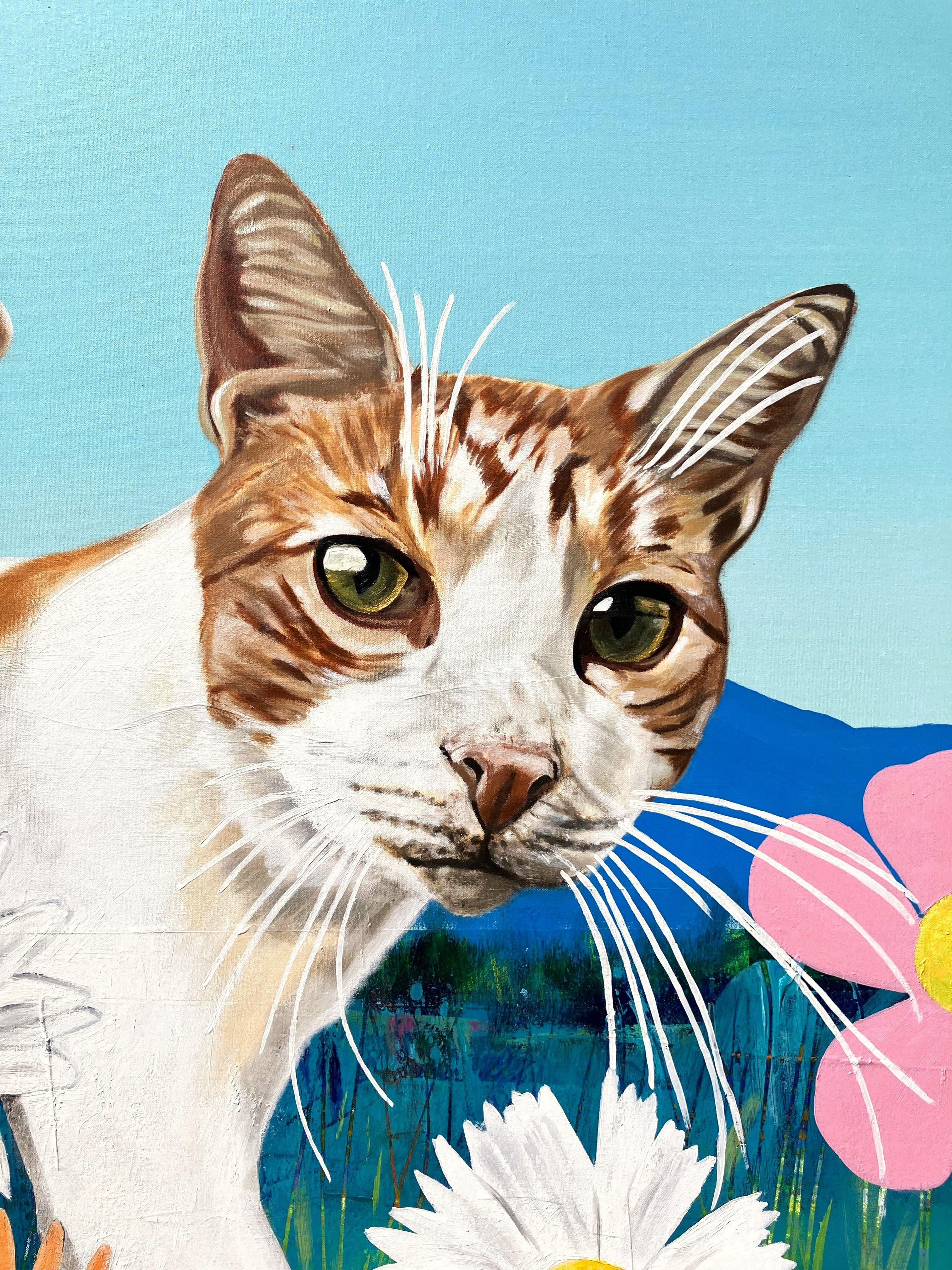 George the Cat /// Jack Graves Contemporary Countryside Meadow Flowers Gemälde – Painting von Jack Graves III