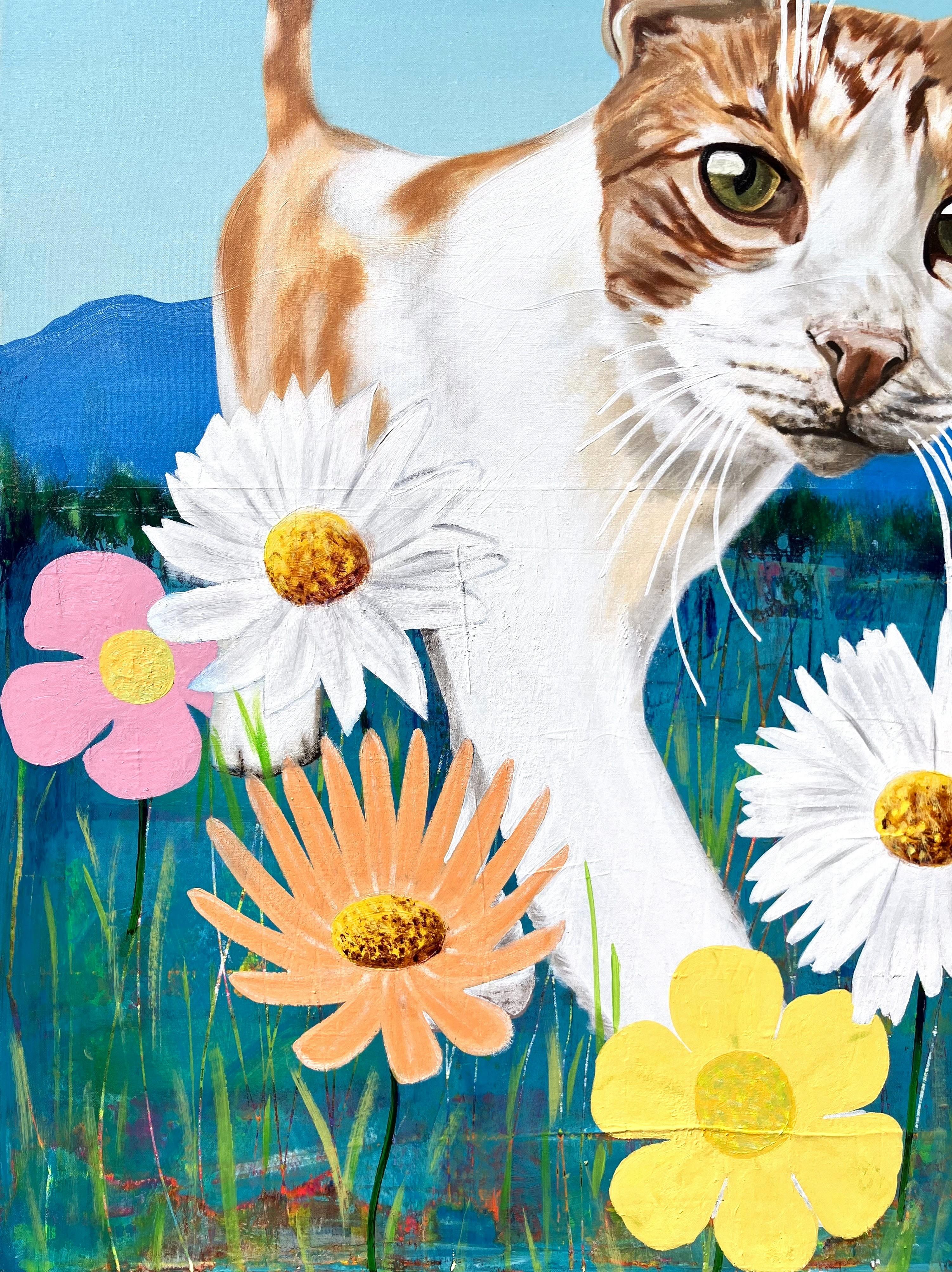 George the Cat /// Jack Graves Contemporary Countryside Meadow Flowers Gemälde (Zeitgenössisch), Painting, von Jack Graves III