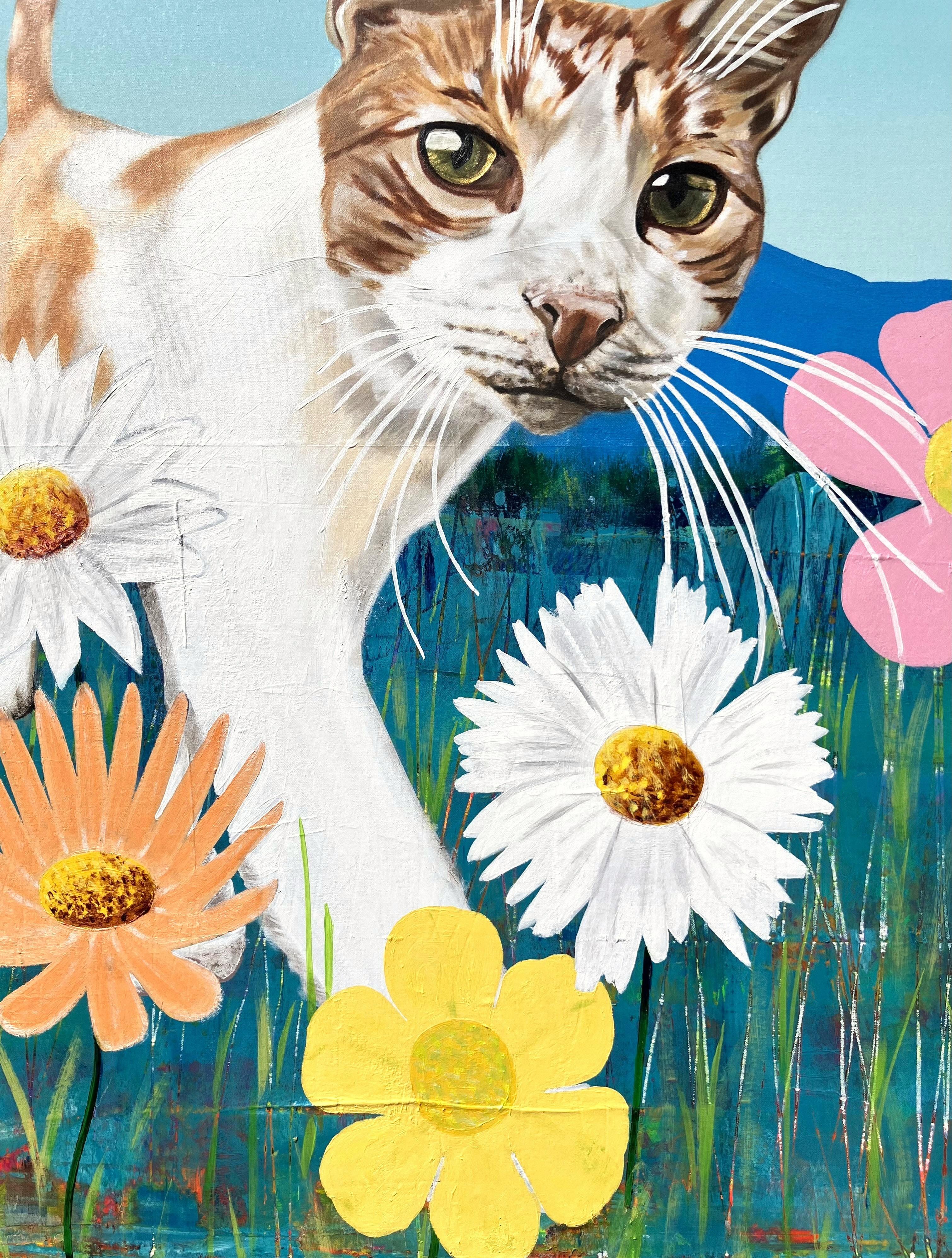 George the Cat /// Jack Graves Contemporary Countryside Meadow Flowers Gemälde (Grau), Animal Painting, von Jack Graves III