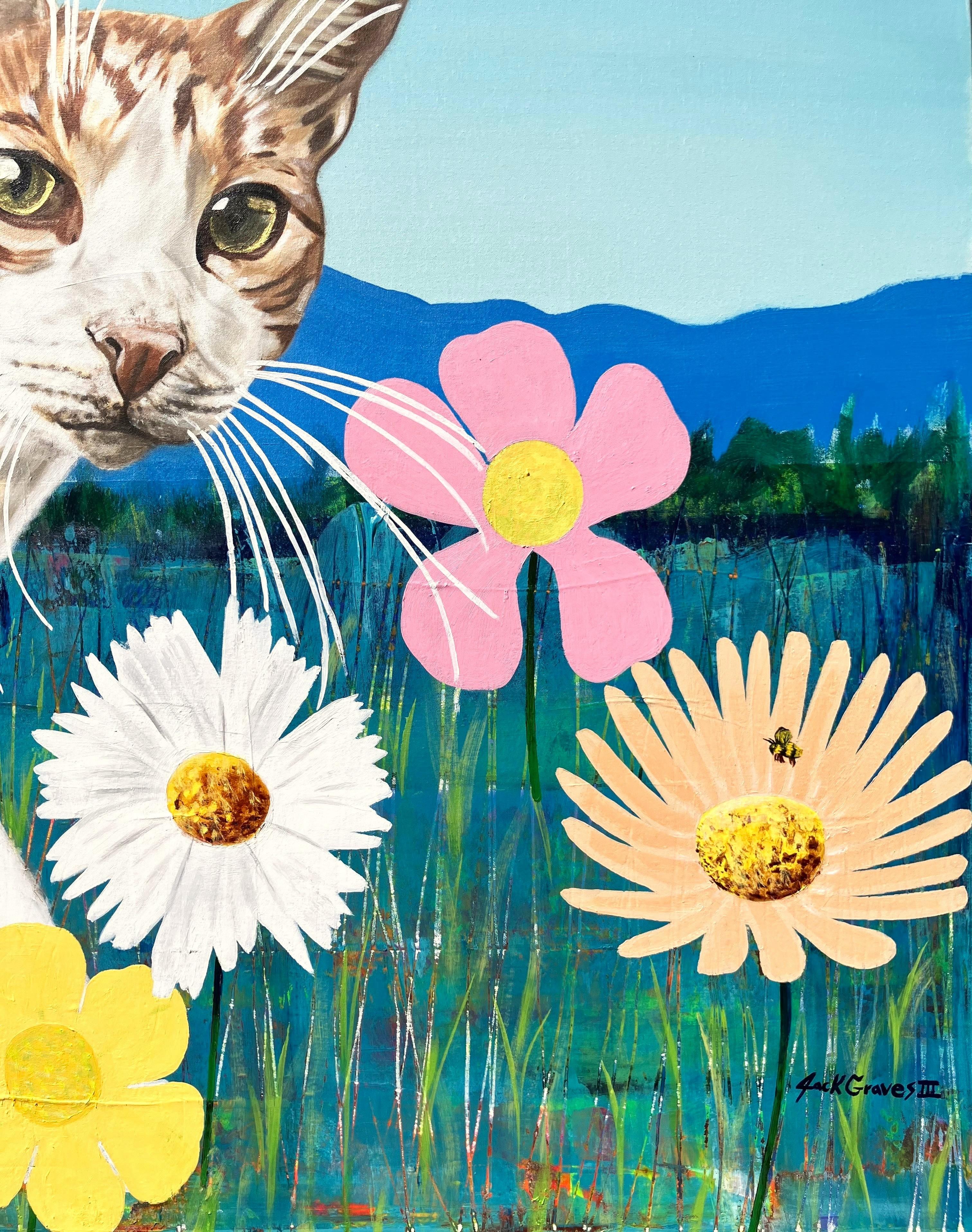 George the Cat /// Jack Graves Contemporary Countryside Meadow Flowers Gemälde im Angebot 1