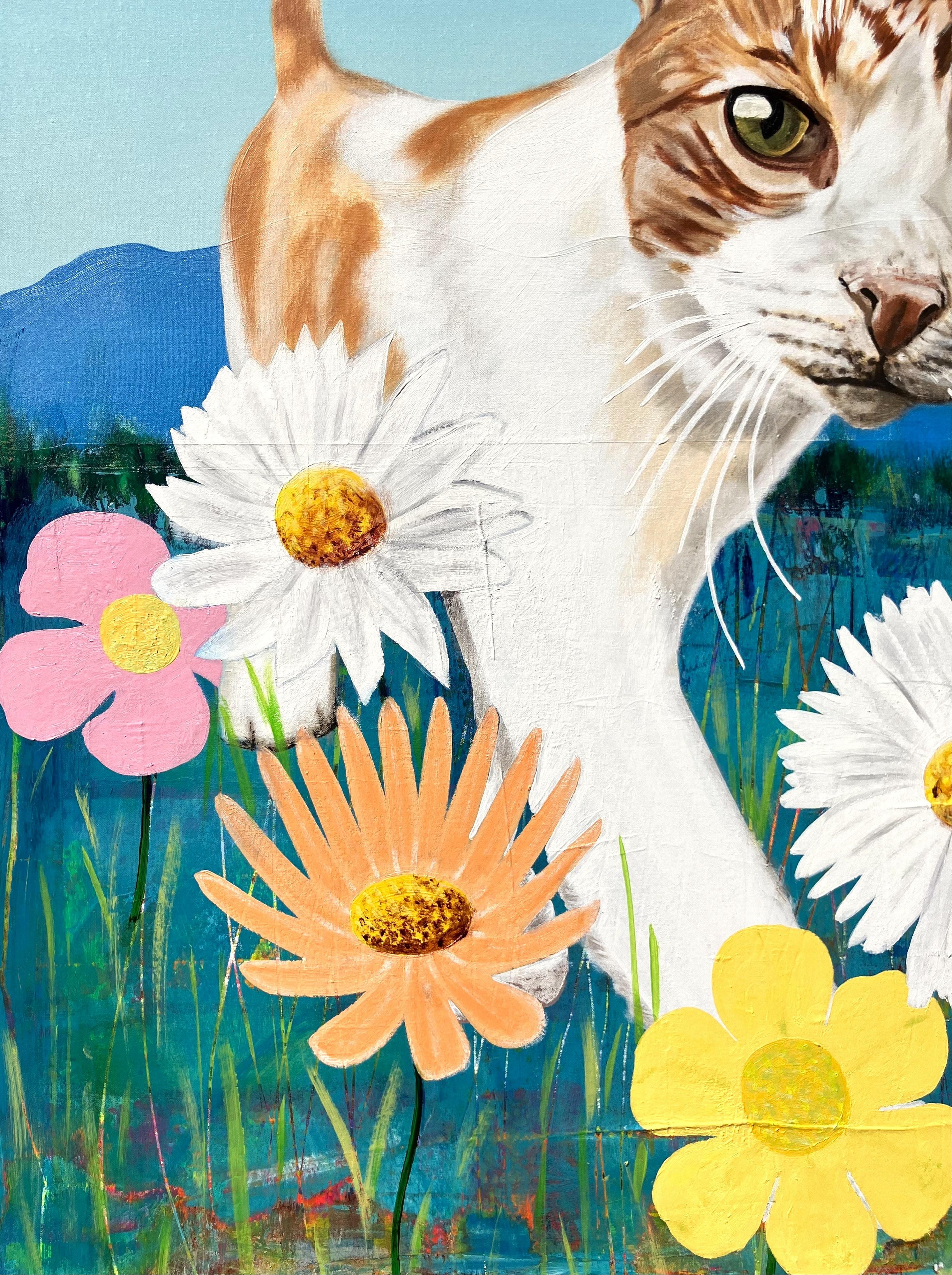 George the Cat /// Jack Graves Contemporary Countryside Meadow Flowers Gemälde im Angebot 2