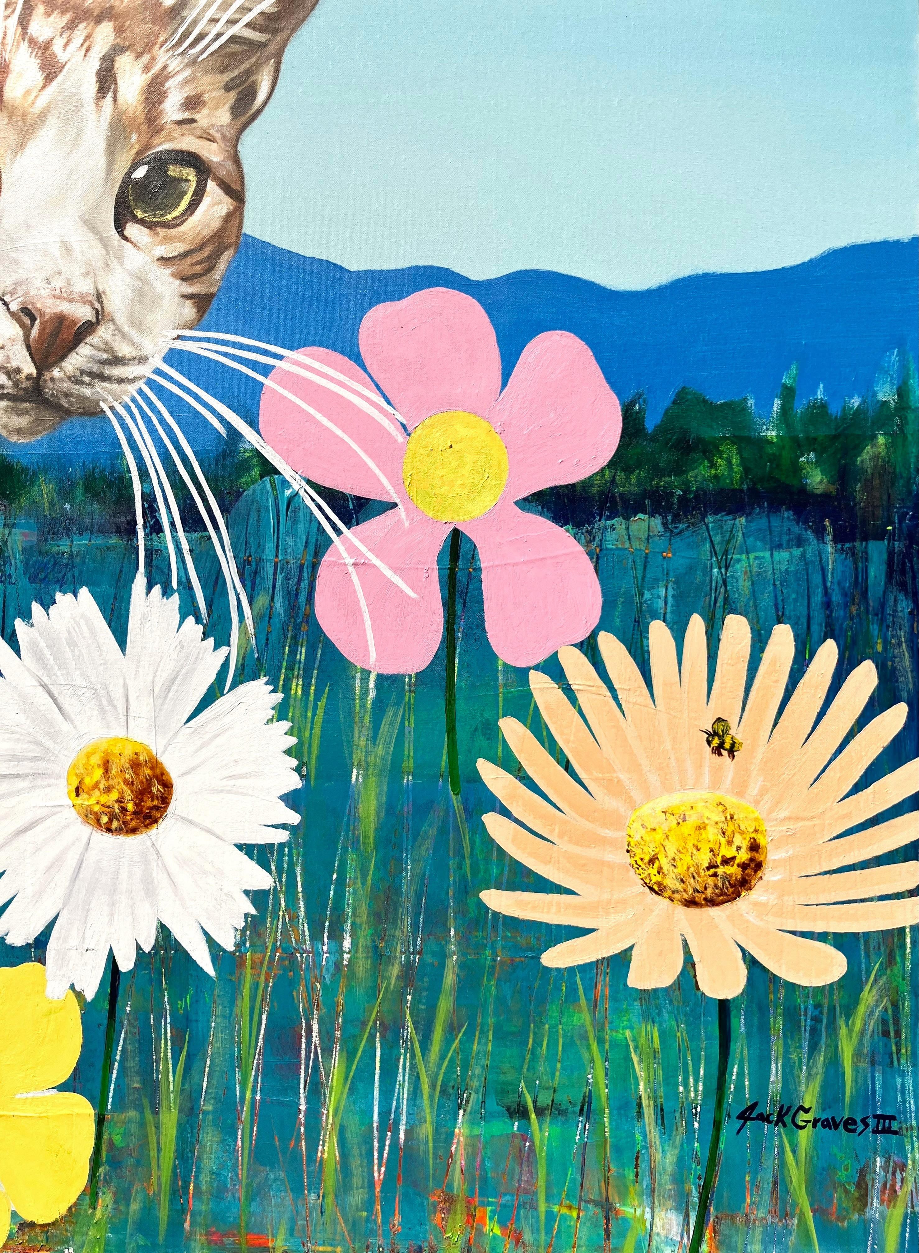 George the Cat /// Jack Graves Contemporary Countryside Meadow Flowers Gemälde im Angebot 3