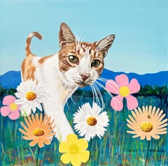 George el gato /// Pintura contemporánea de Jack Graves sobre flores de prado en el campo