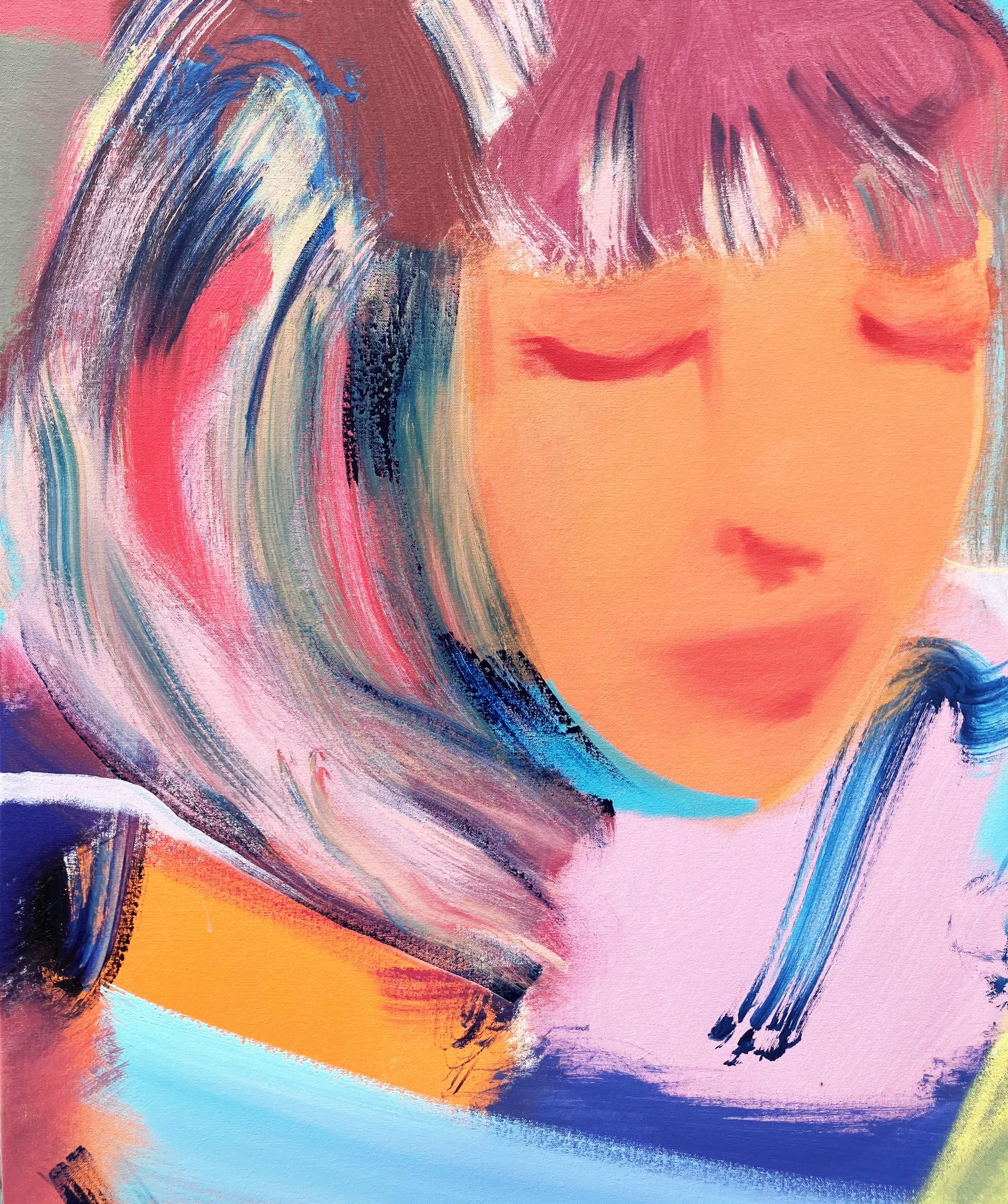 Ragazza che legge fuori /// Pittura contemporanea di arte astratta pop di strada Colorata - Painting di Jack Graves III