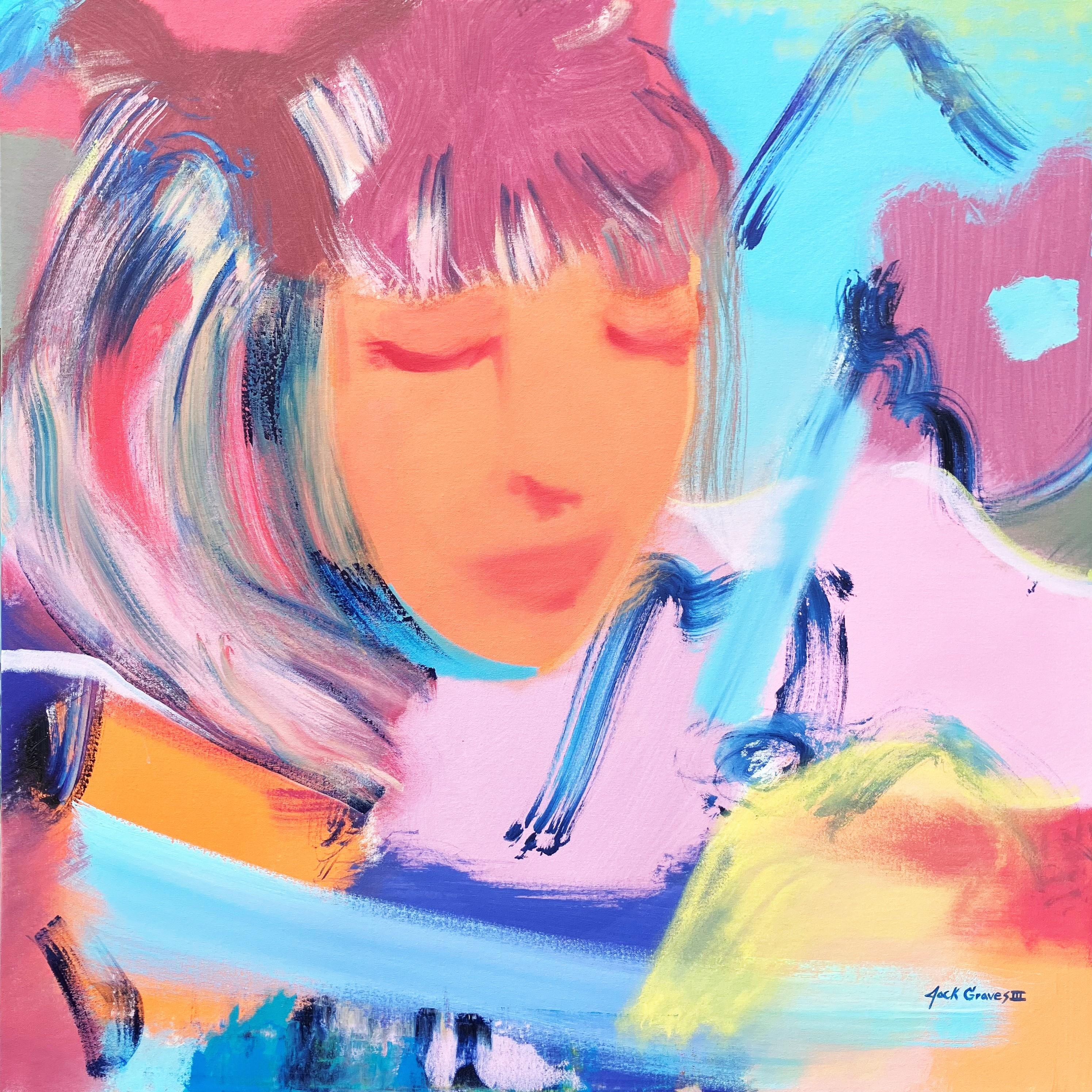Abstract Painting di Jack Graves III - Ragazza che legge fuori /// Pittura contemporanea di arte astratta pop di strada Colorata