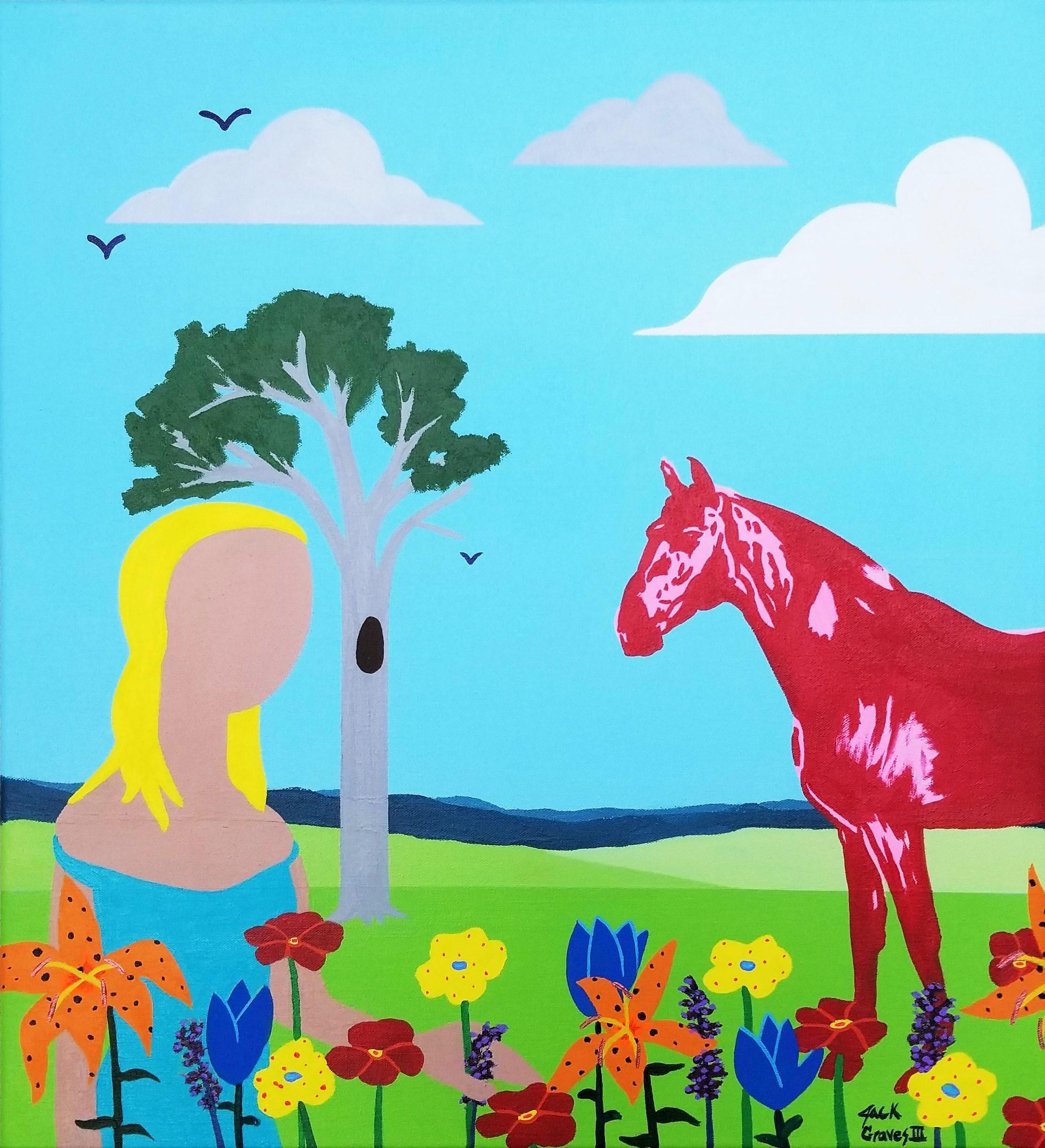 Jack Graves III Animal Painting - Horse in Pasture with Flowers /// Contemporary Landscape Lady Girl Painting Art