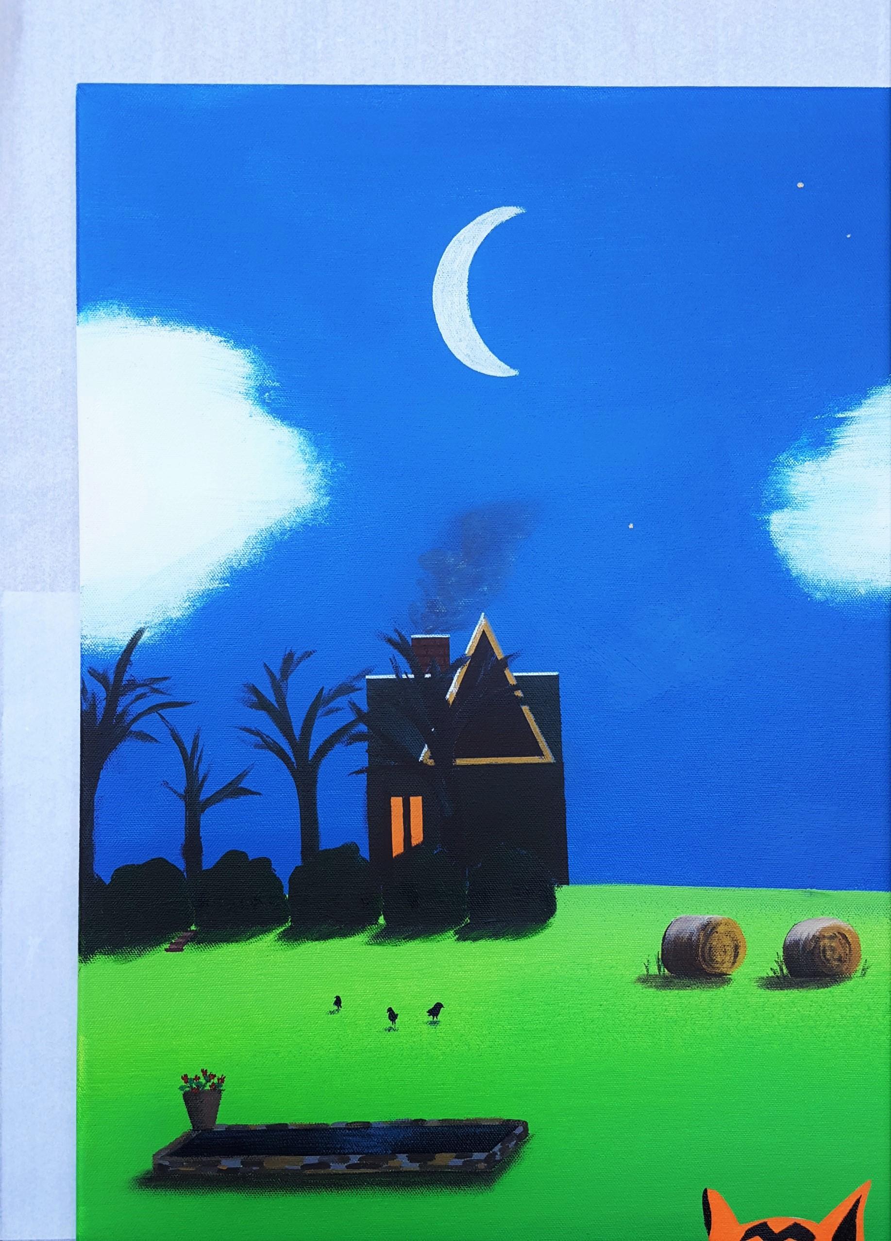 Haus-Katzen-Maus /// Contemporary Landscape Spooky Girl Countryside Moon Farm Art (Zeitgenössisch), Painting, von Jack Graves III