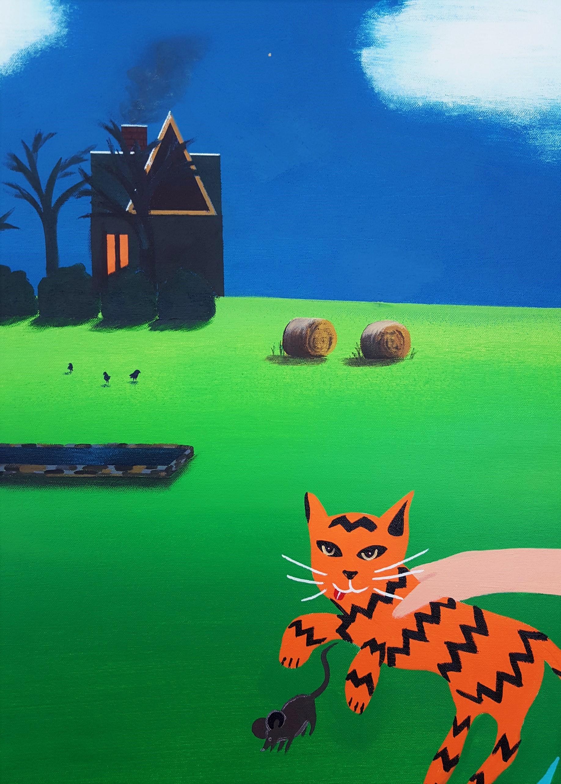 House-Cat-Mouse /// Contemporary Landscape Spooky Girl Countryside Moon Farm Art For Sale 2