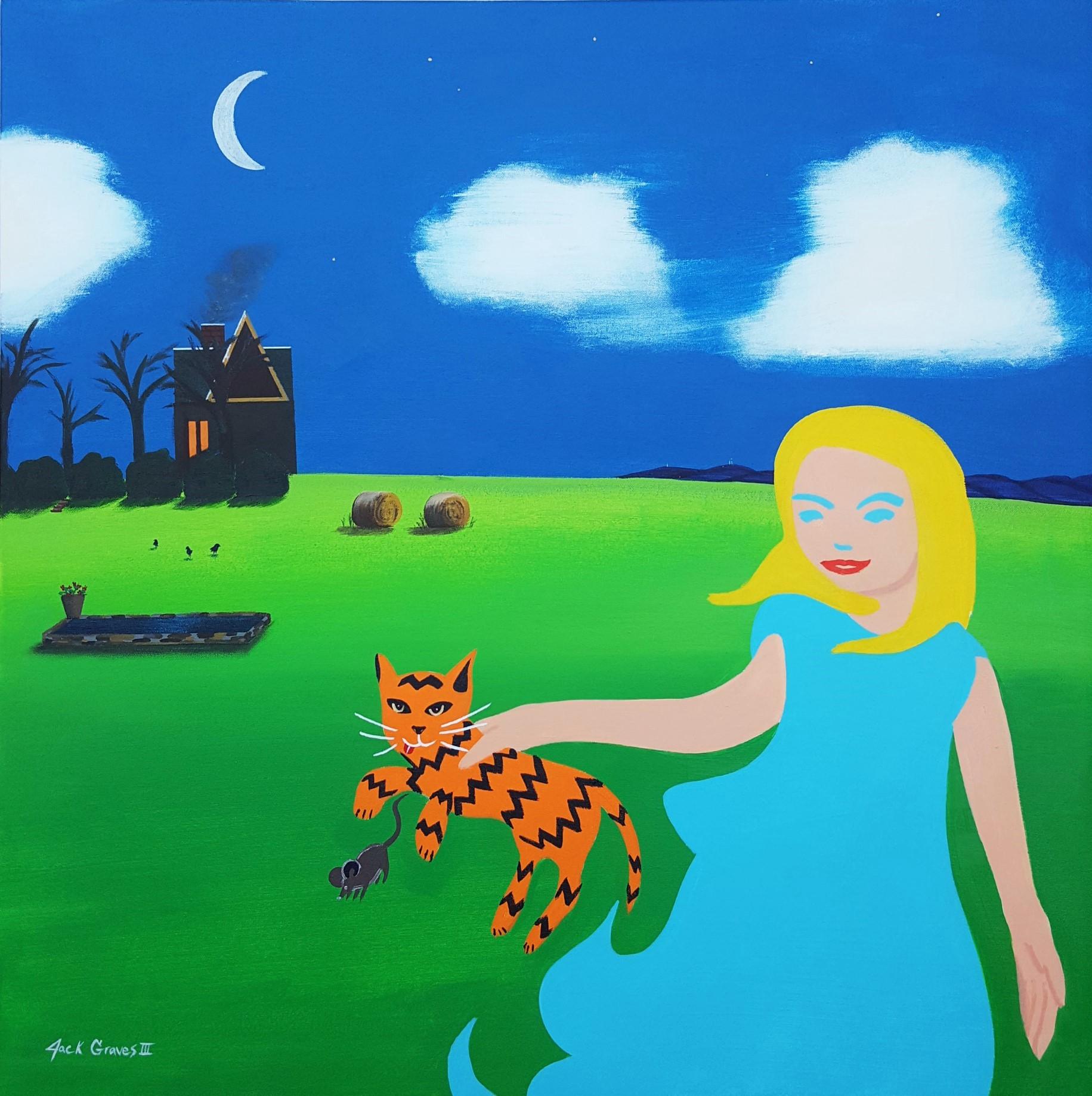 Jack Graves III Landscape Painting - House-Cat-Mouse /// Contemporary Landscape Spooky Girl Countryside Moon Farm Art