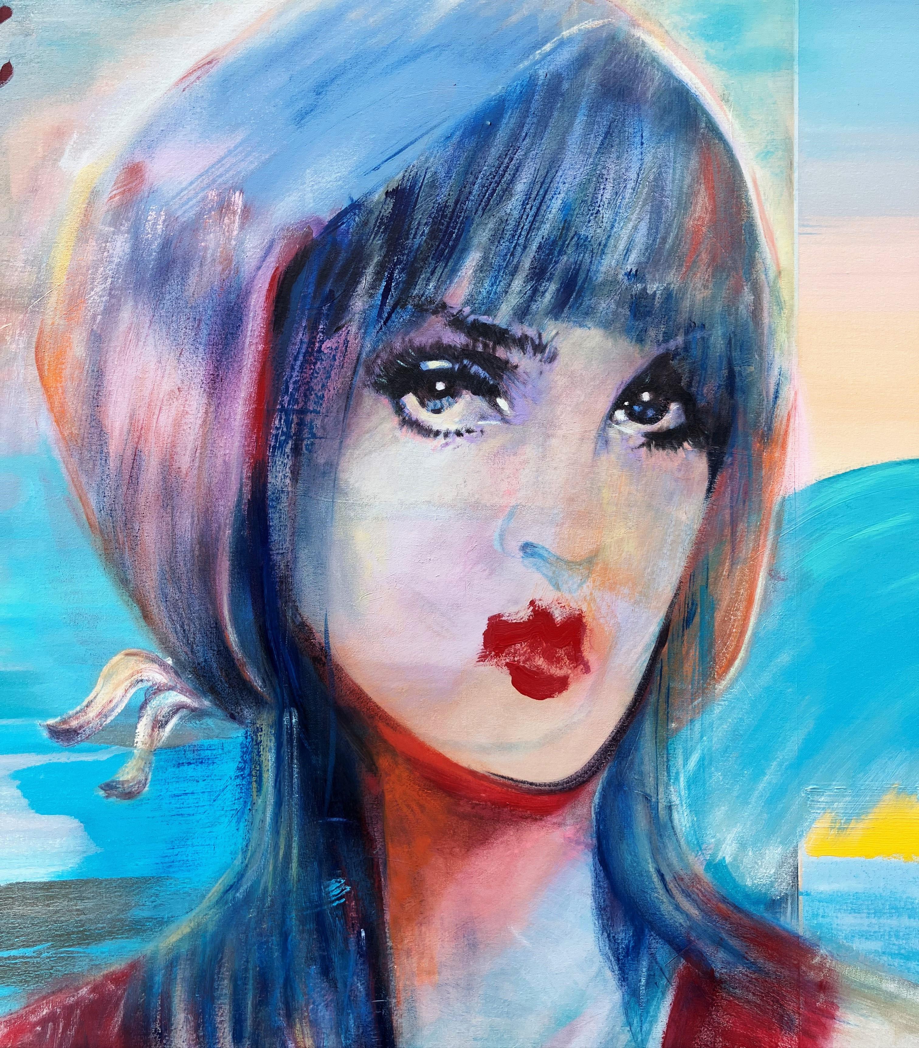 Liberté /// Street Pop Art contemporanea Ritratto figurativo Donna Signora Paesaggio marino - Portrait Painting Blu di Jack Graves III